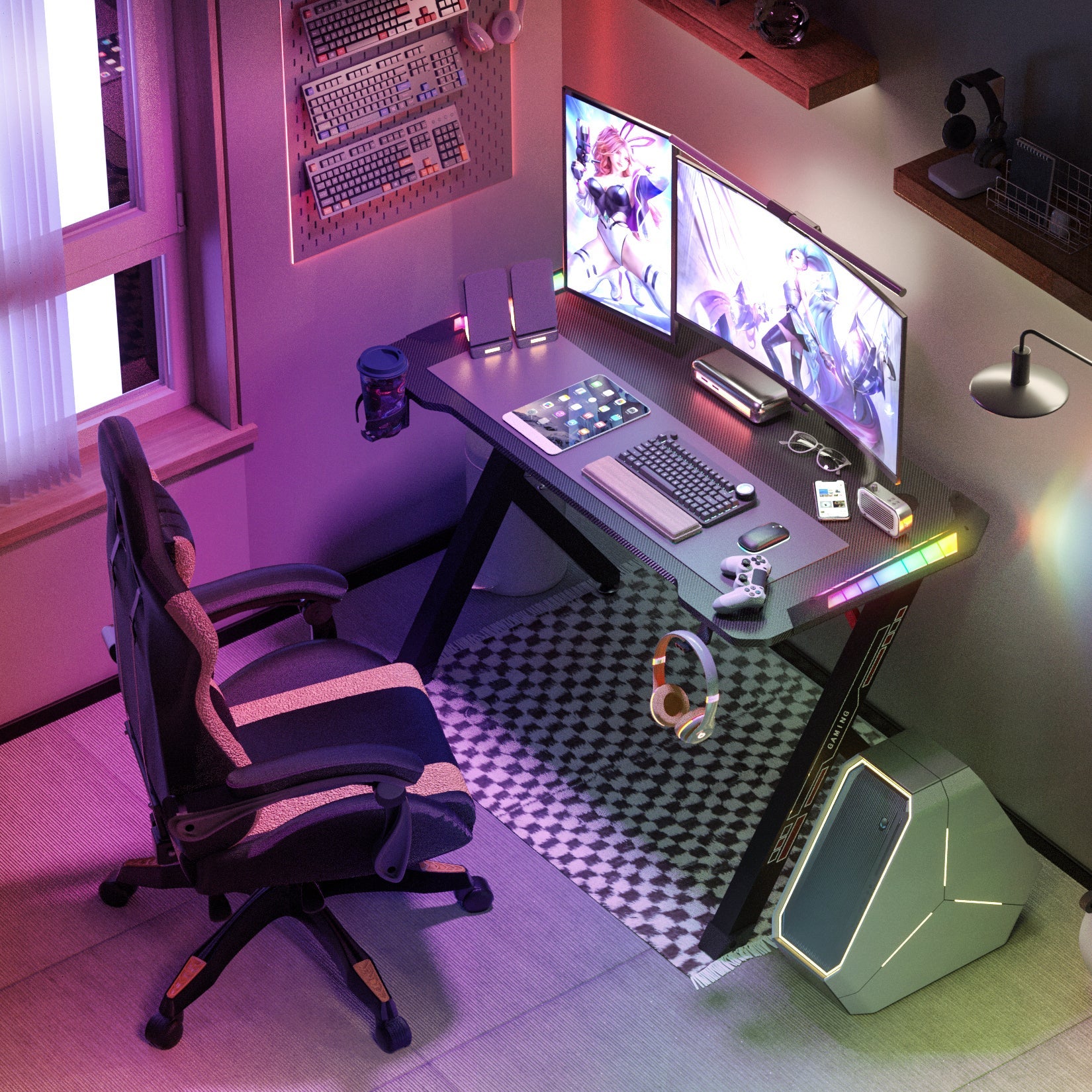 Bureau Gaming ‎120 x 60 x 78 cm Bureau Gamer Ergonomic avec Lumières Ambience en Forme de R Table Gaming avec support Casque et Porte-gobelet - 2