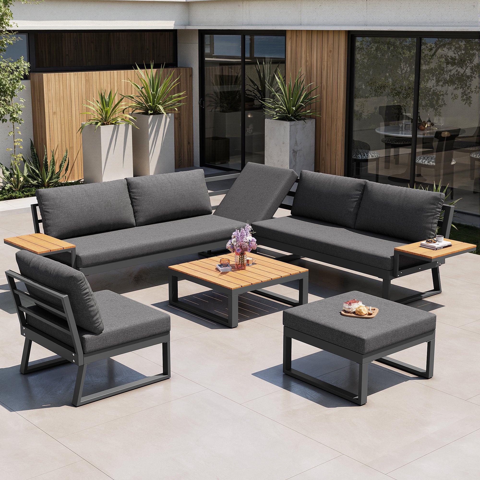 Salon de jardin inclinable en fer 7 places : 1 canapé d'angle 5 places + 1 fautueil + 1 tabouret + 1 table basse carrée - Gris - 7