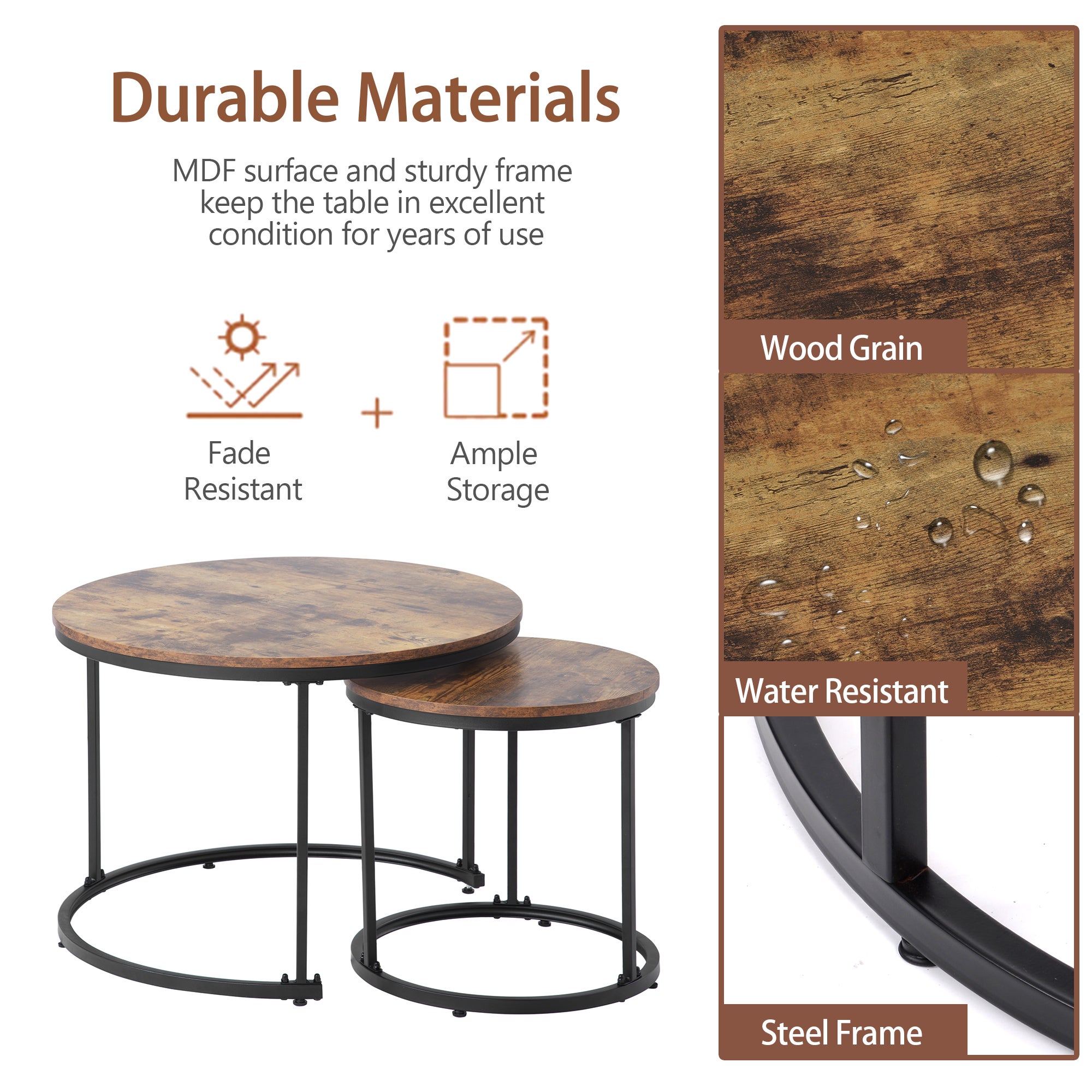 Lot de 2 tables basses gigognes, table d'appoint ronde en MDF, placage marbré, style industriel, marron - 7
