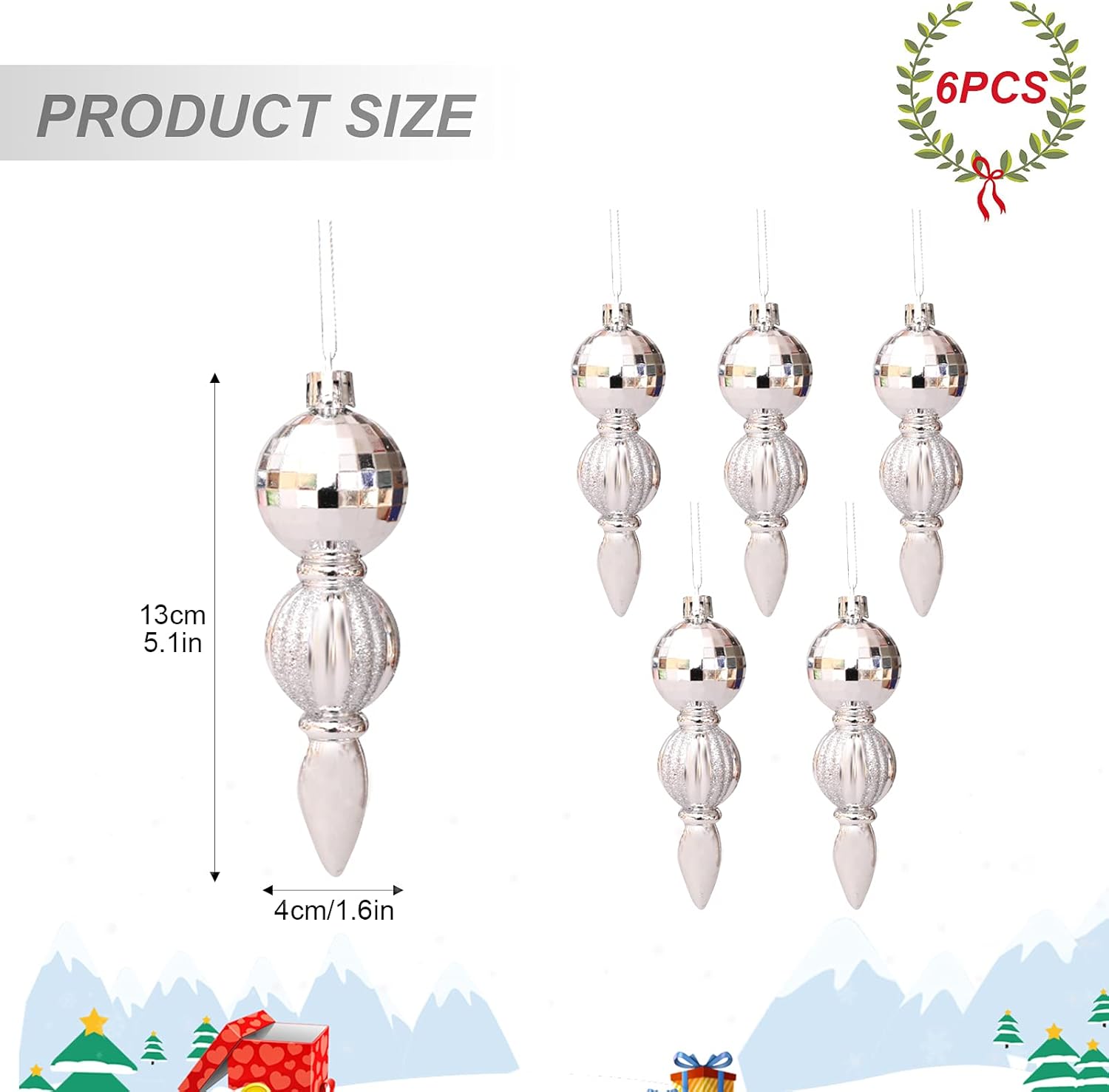 Bolas de Natal, enfeites para árvore de Natal, 6 peças, pingentes decorativos longos para árvore de Natal - 2