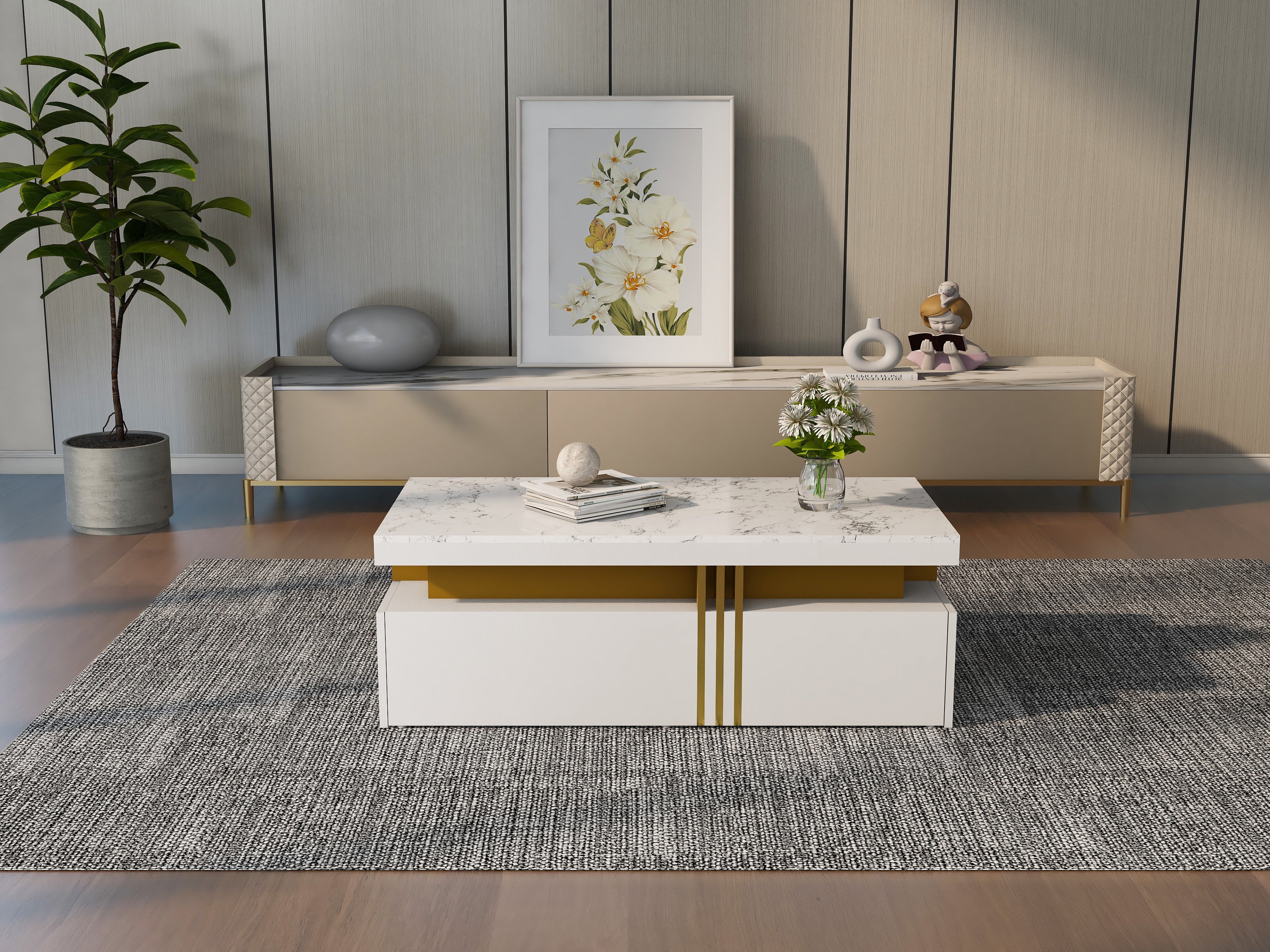Table basse rectangulaire avec 2 tiroirs - 100x50x40 cm - panneaux de particules - plateau marbré, pour salon - blanc - 4