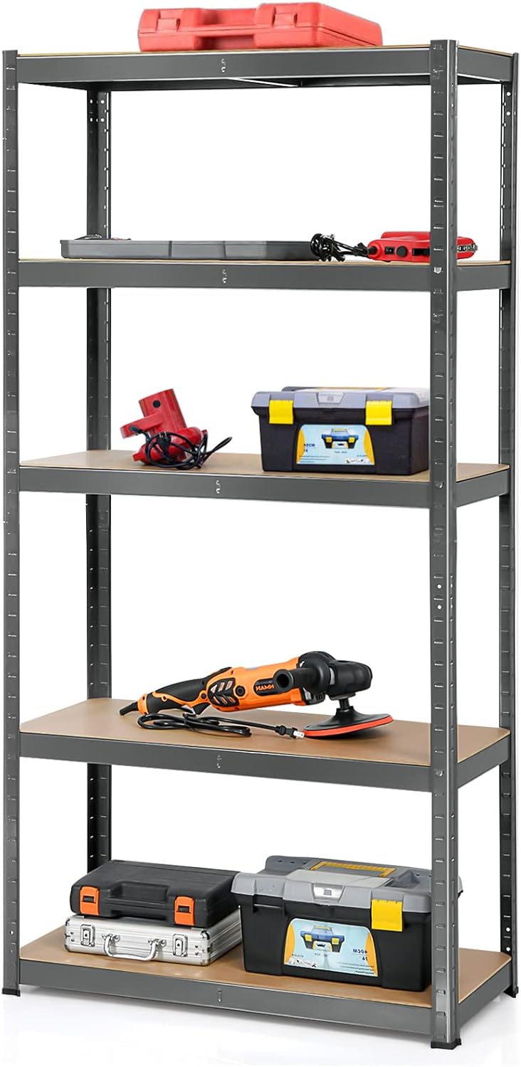 Regał Magazynowy z 5 Regulowanymi Poziomami, Ocynkowana Metalowa Rama, Antypoślizgowy, Maksymalne Obciążenie 875 kg, 90 x 40 x 180 cm (Szara)