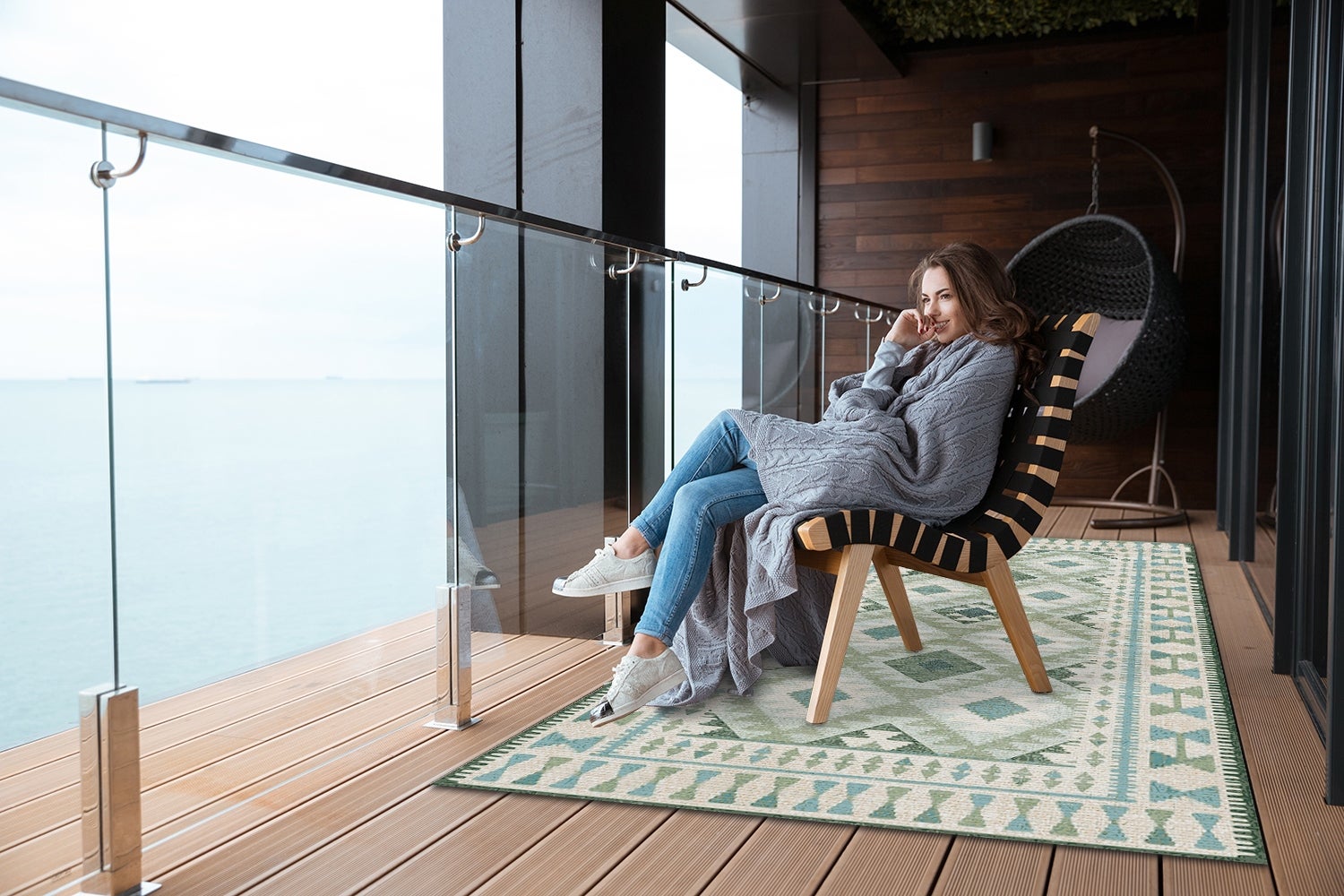 Tapis en vinyl extérieur décoratif losanges verts élégants style moderne terrasse 100x50 – Tulup - 3