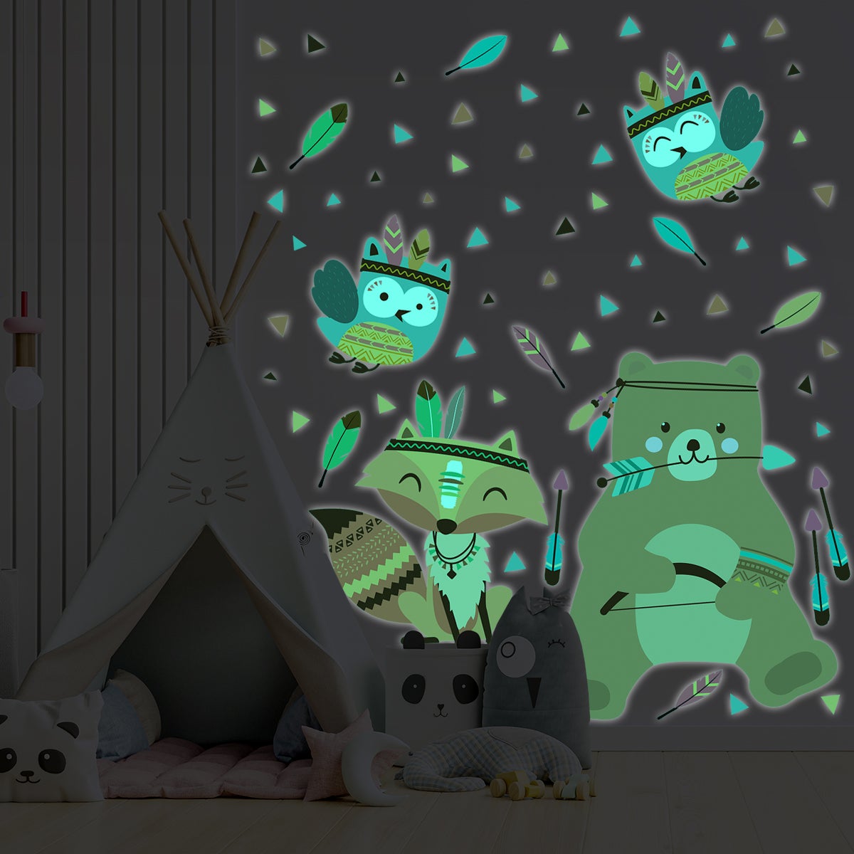 Adesivi fosforescente con orsacchiotto e animali indiani - Sticker adesivo - adesivi murali - 40x30cm - 6