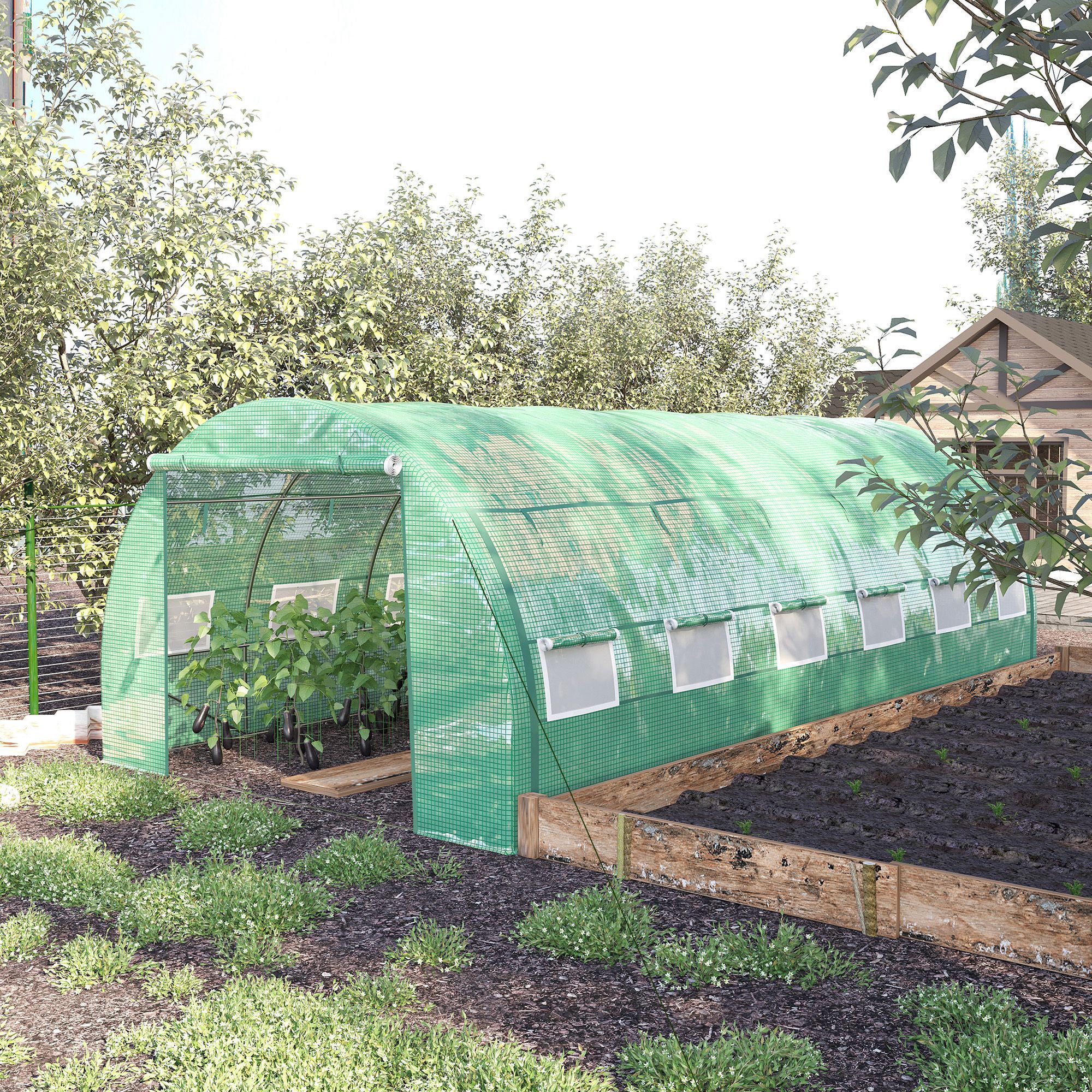Serre tunnel Outsunny 6 x 3 x 2 m, accessible à pied, avec bâche enroulable, protection UV, structure tubulaire en acier, verte - 4