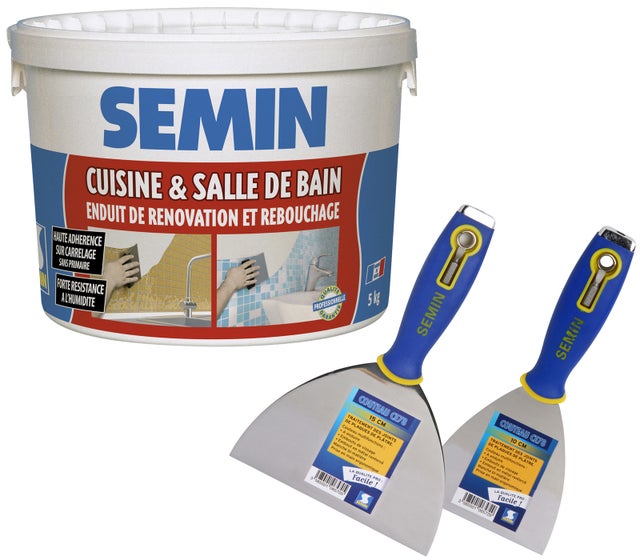 Enduit de rebouchage et rénovation spécial cuisine et salle de bain Semin - seau de 5 kg et 2 couteaux à enduire 10 & 15 cm