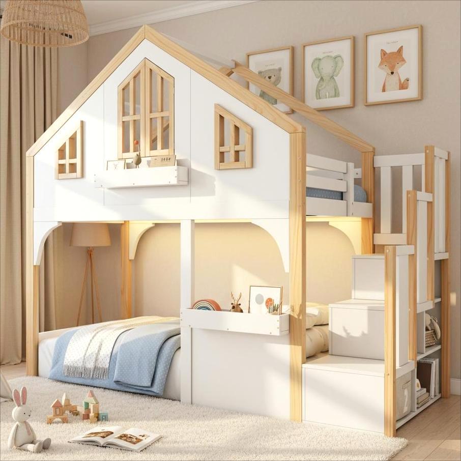 Łóżko piętrowe 90 x 200 cm z oknem, dachem i schodami - Drewno lite + MDF - Diody LED - Kolor biały i naturalny (materac nie jest wliczony w cenę)