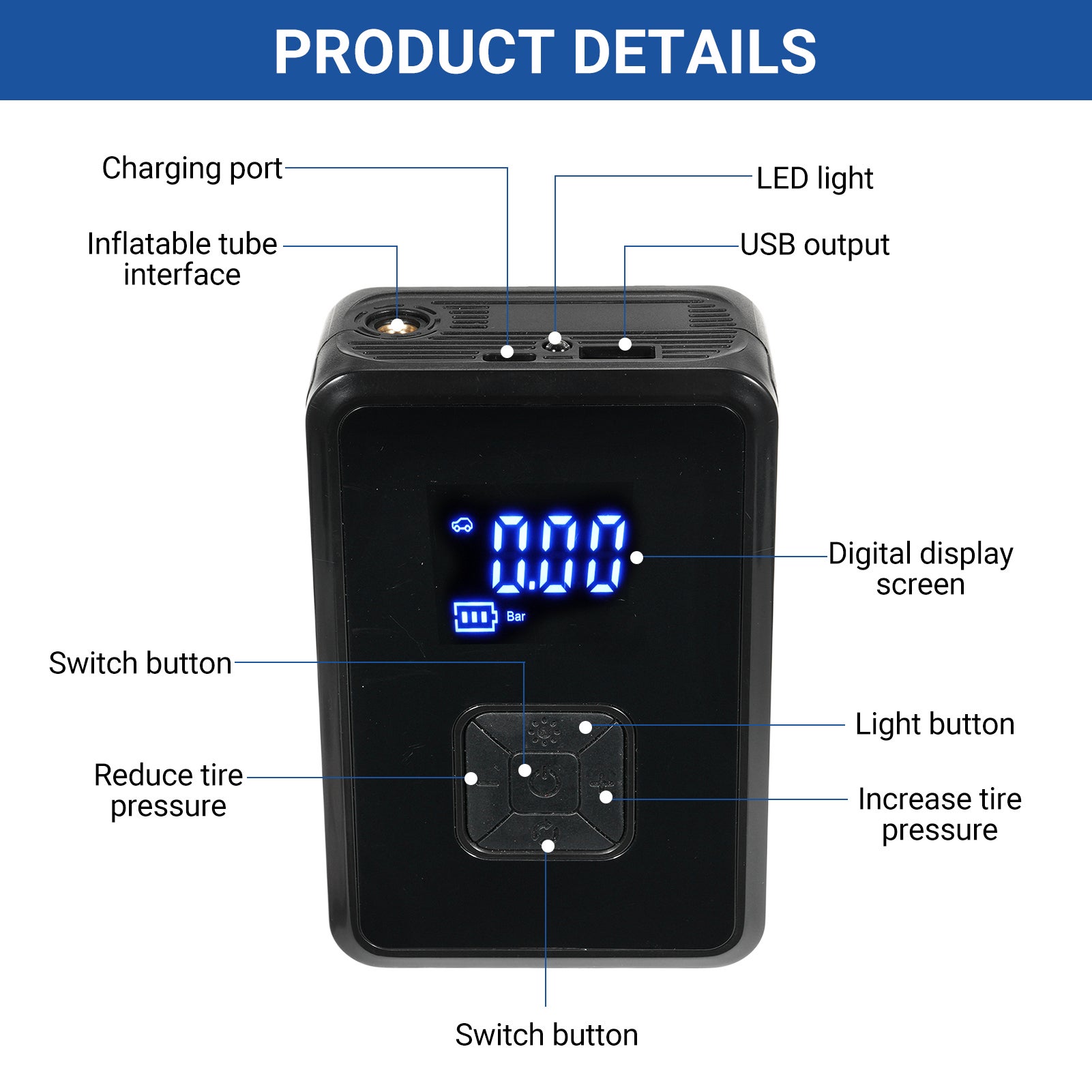 Gonfiatore portatile per pneumatici da 150 psi, gonfiatore rapido, adatto per pneumatici di auto e biciclette, senza fili - 2