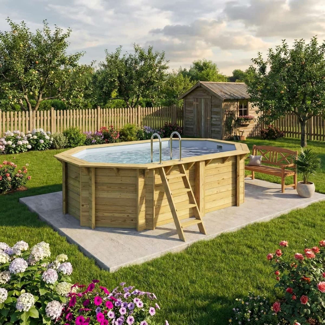 Piscină supraterană din lemn NEMO 4,3 x 3 – H. 1,18 m, gri deschis, elemente de fixare pentru îngropare – BAS7302OSPI2