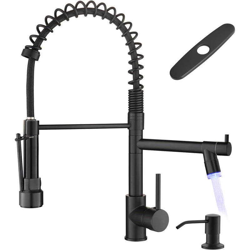 Czarny kran kuchenny z dozownikiem mydła i płytką montażową - czarny, komercyjny, jednouchwytowy kran kuchenny wysokociśnieniowy