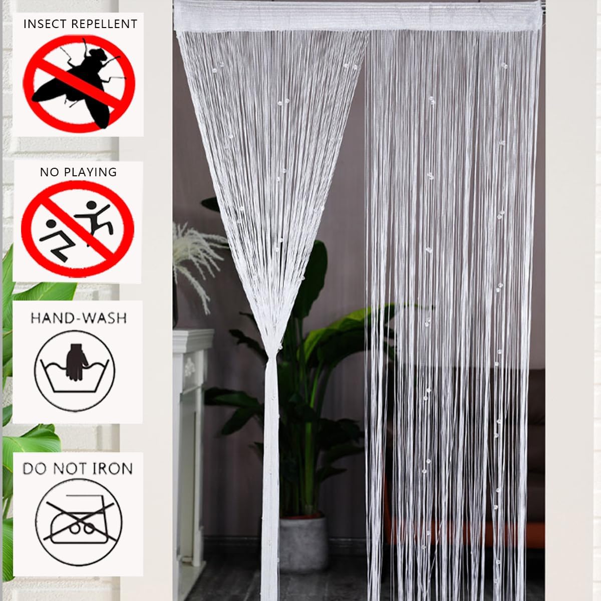Rideau Anti Moustique Pompons, Separation de Piece Moustiquaire de Porte Entrée et Exterieur pour Fenêtre de Cuisine, (Blanc,100X200cm) - 3