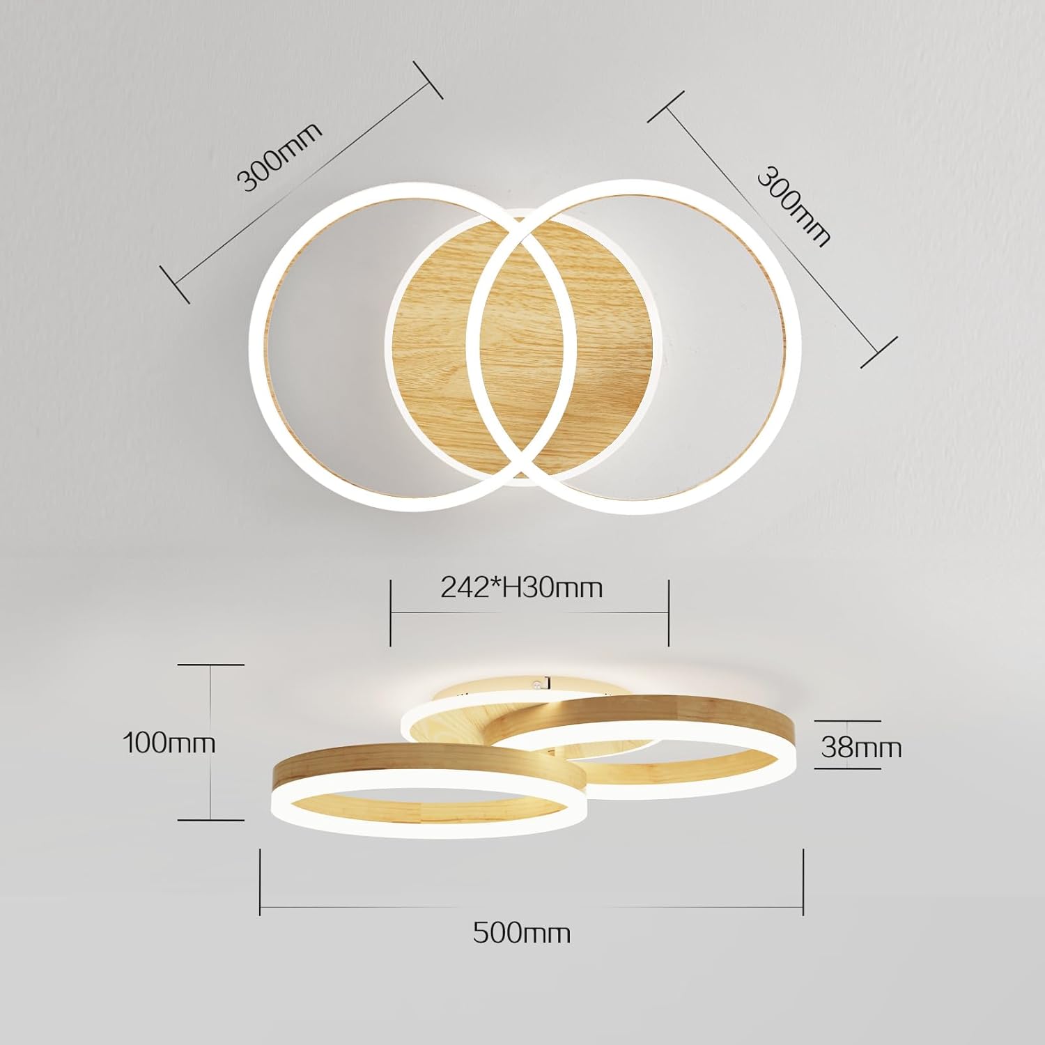 Amdelne Plafonnier LED 2 Anneaux Ø50cm 36W, Design Moderne, Dimmable avec Télécommande, Métal+Acrylique, Effet Bois, Salon/Chambre/Salle à manger - 6