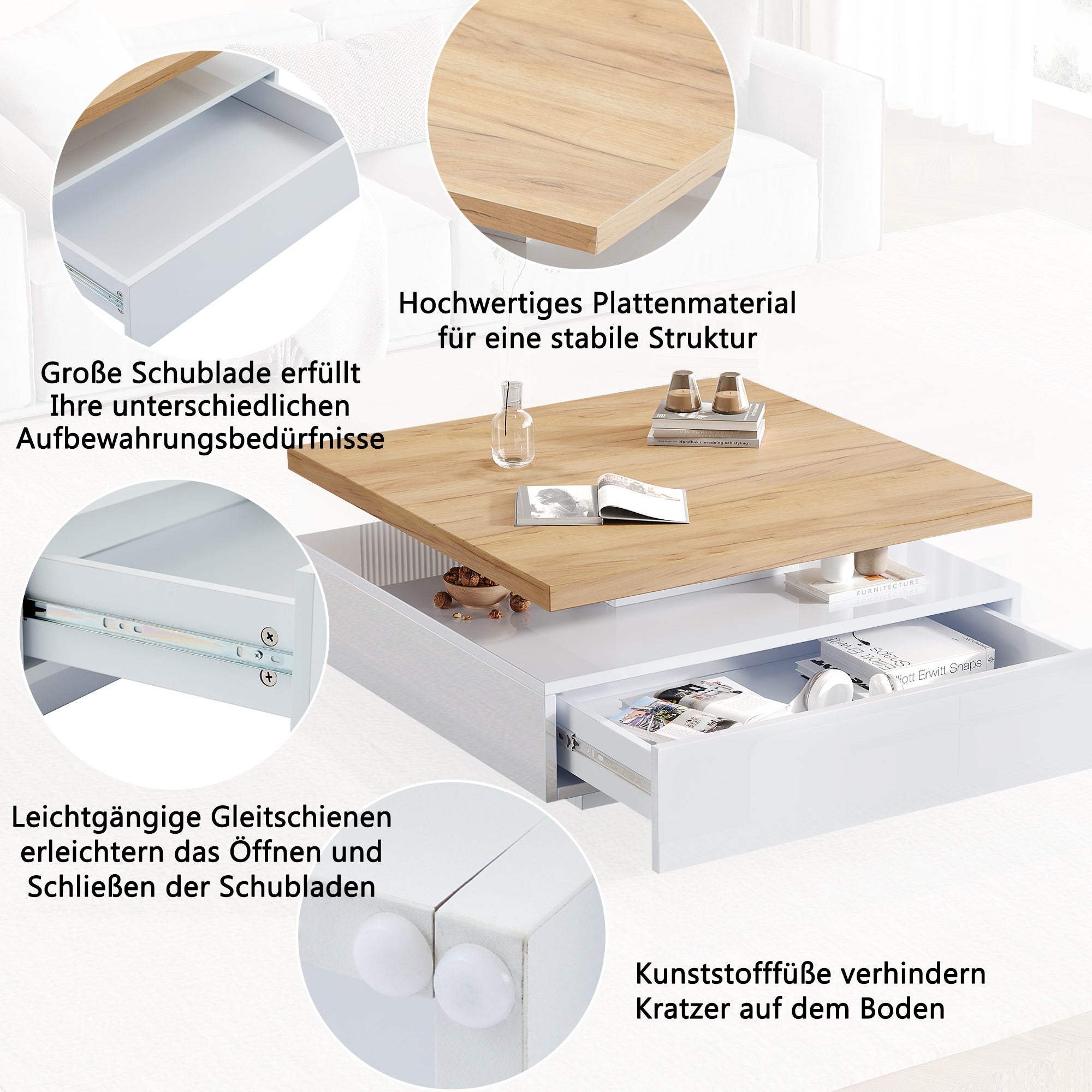 Table basse carrée avec 1 tiroir et plateau pivotant à 360° - 70 x 70 x 36 cm - Panneaux de particules - Blanc et noyer - 5