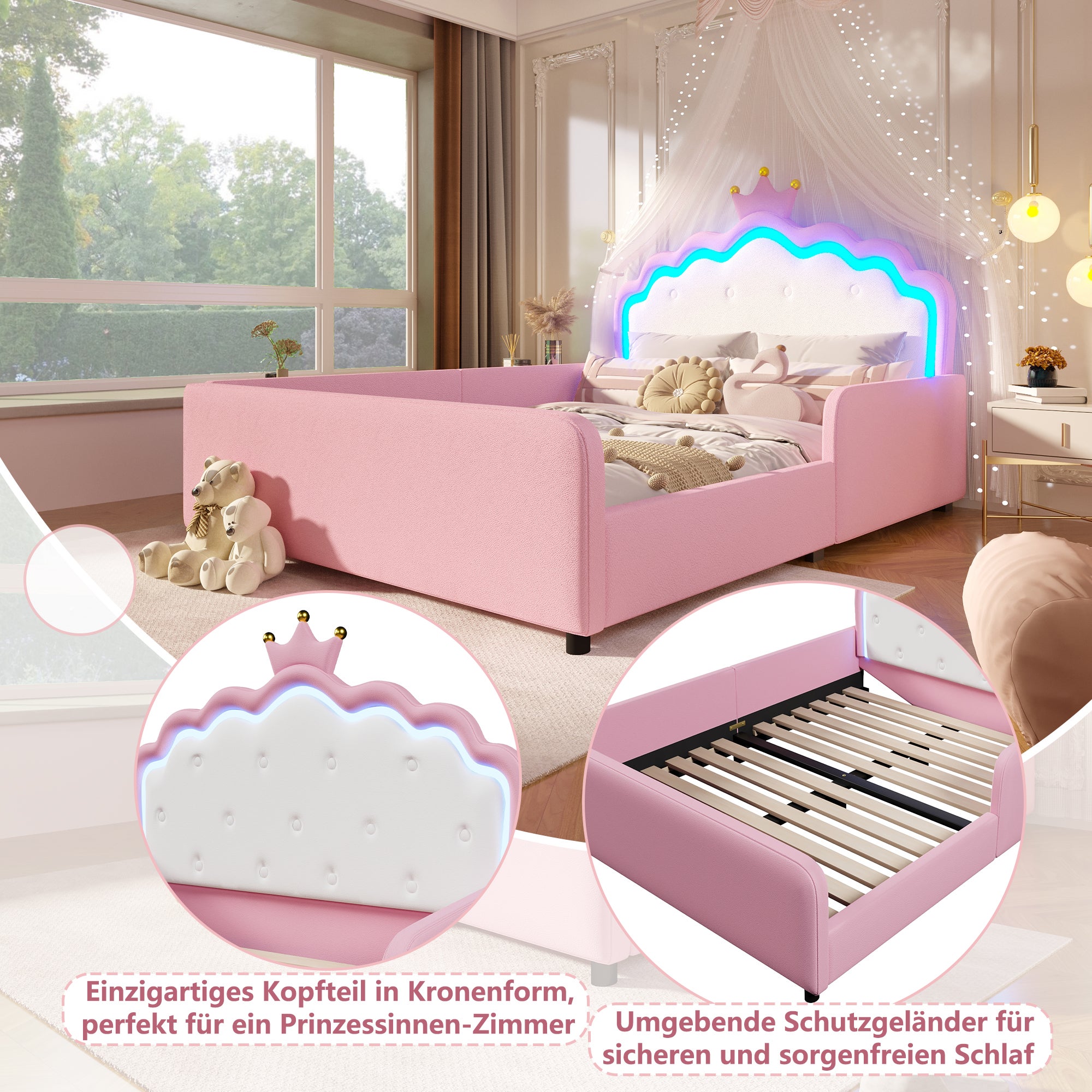 Lit enfant 140×190 cm avec lumière LED, Lit double rembourré,avec tête de lit princesse en forme de couronne, Tissu PU,Rose(matelas non inclus) - 6