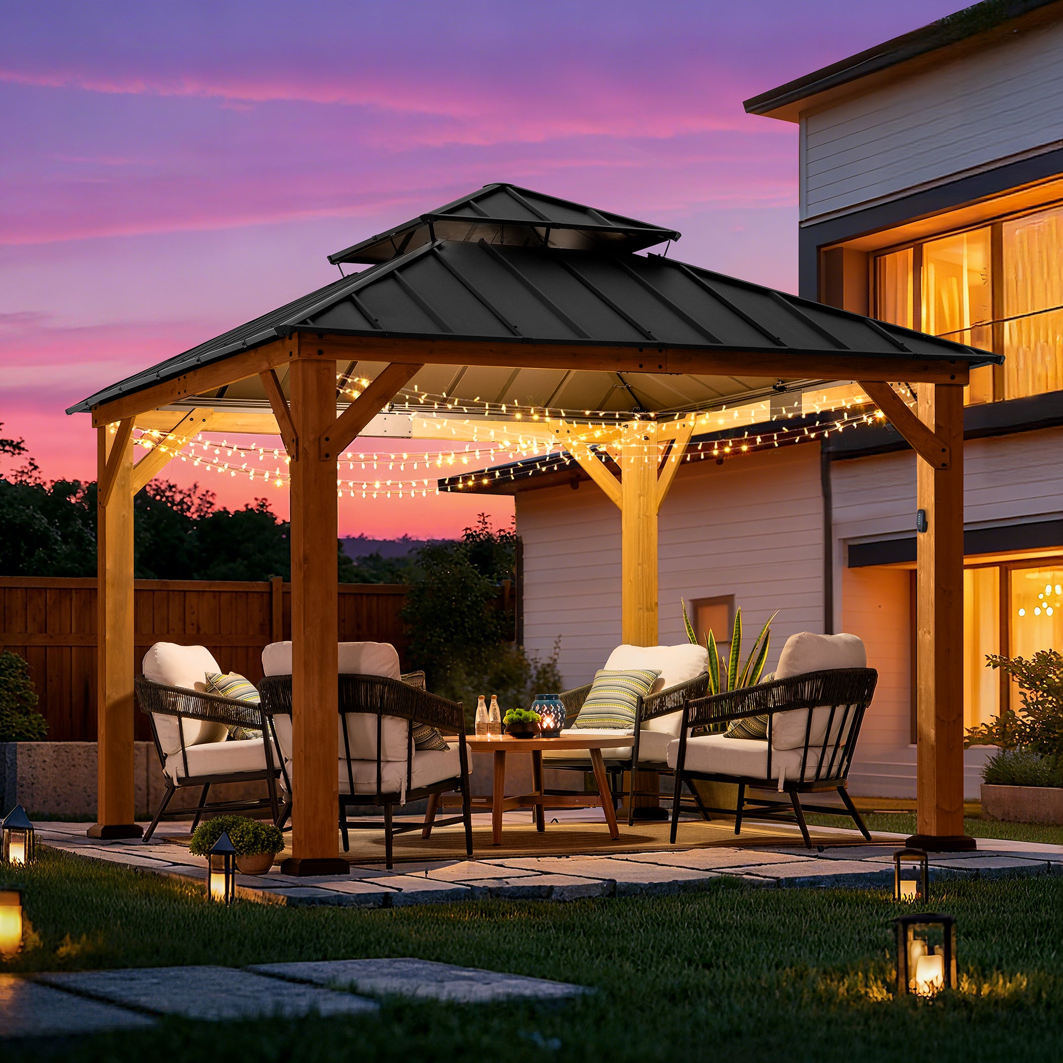 Gazebo en bois de cèdre KAPS avec panneau solaire - 330 cm x 330 cm, anthracite - 2