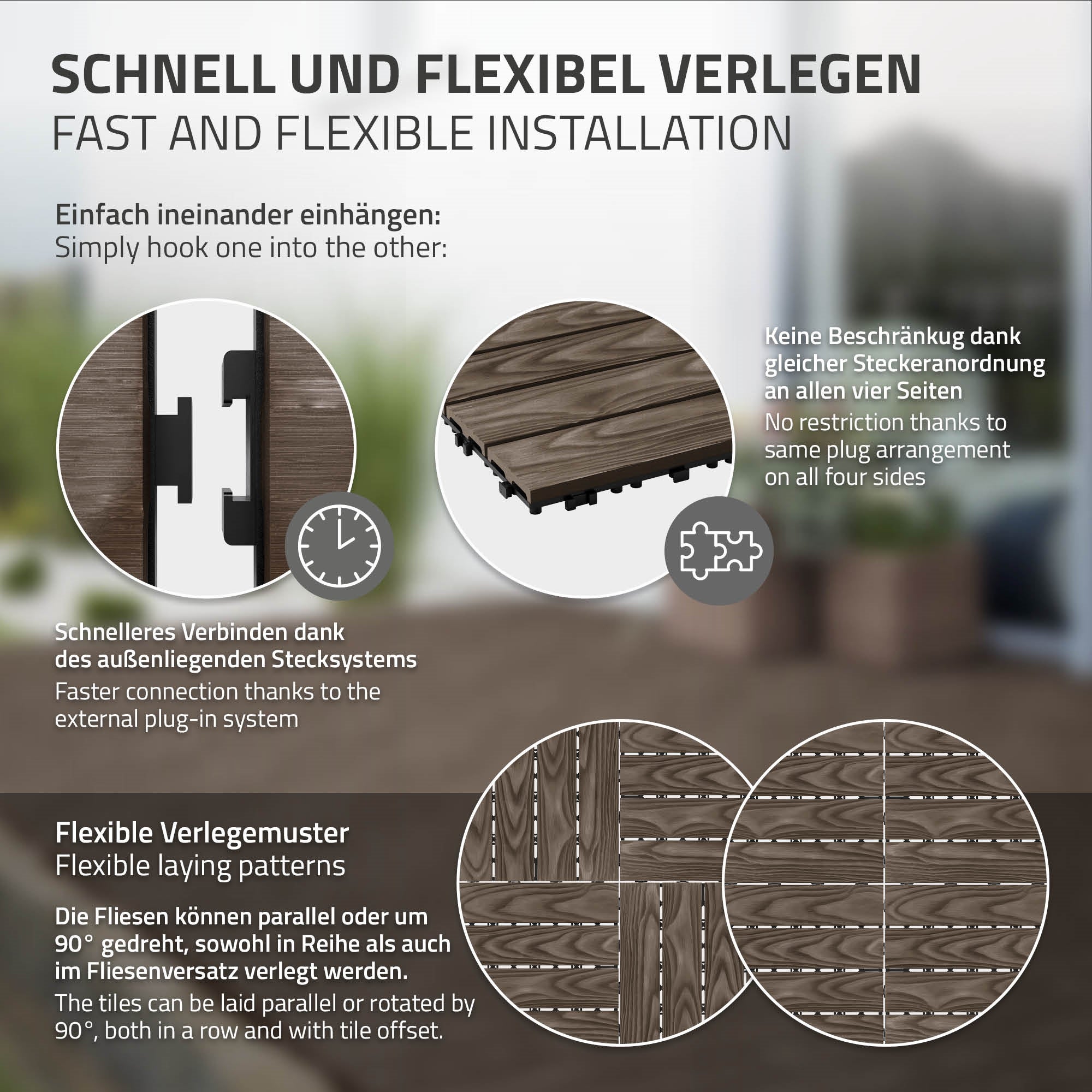ECD Germany plytki tarasowe wpc 30x30 cm 22 sztuk 2m² kwadratowy ciemnobrazowe panele podłogowe klik odpływ wodny balkon taras ogród patio weranda - 5