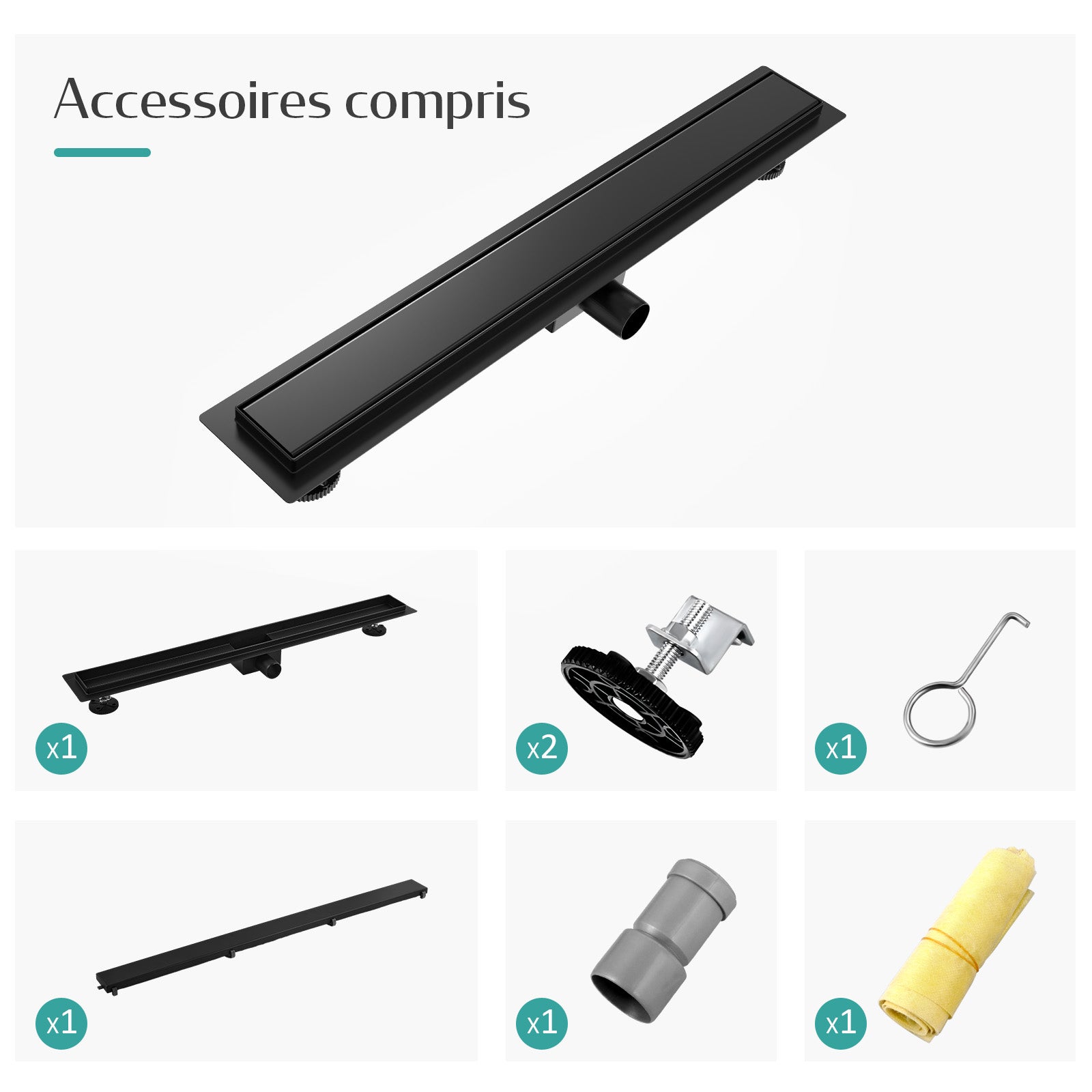 EMKE Caniveau de douche noir 60 cm en acier inoxydable, kit d’évacuation ultra-fin avec siphon anti-odeurs et filtre à cheveux – évacuation latérale - 8