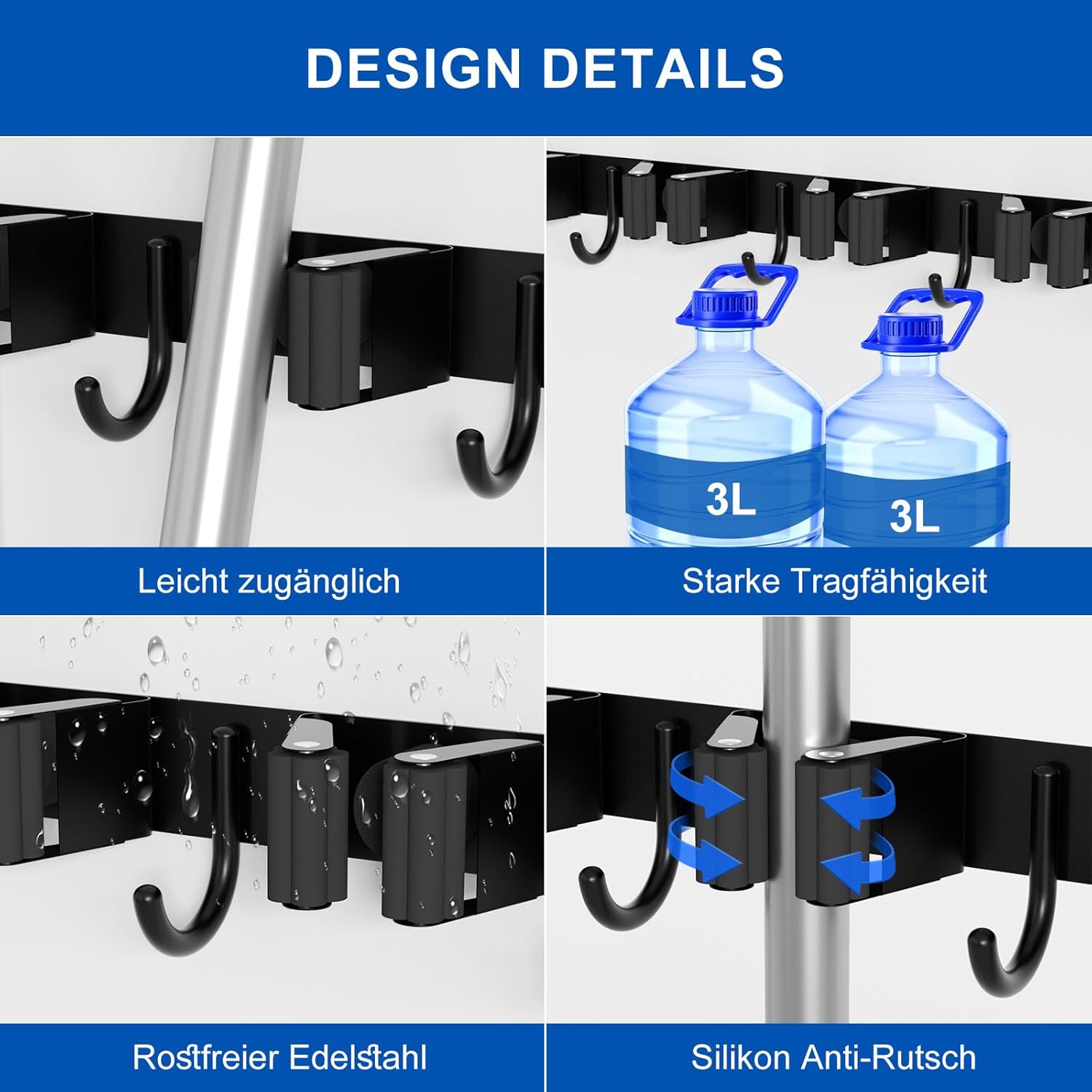 Accroche Balai Mural, 3 Supports + 4 Crochets Noir Porte Balais Mural, Support Balais Mural, Porte Balais Mural Sans Percage, Rangement Balai - 2