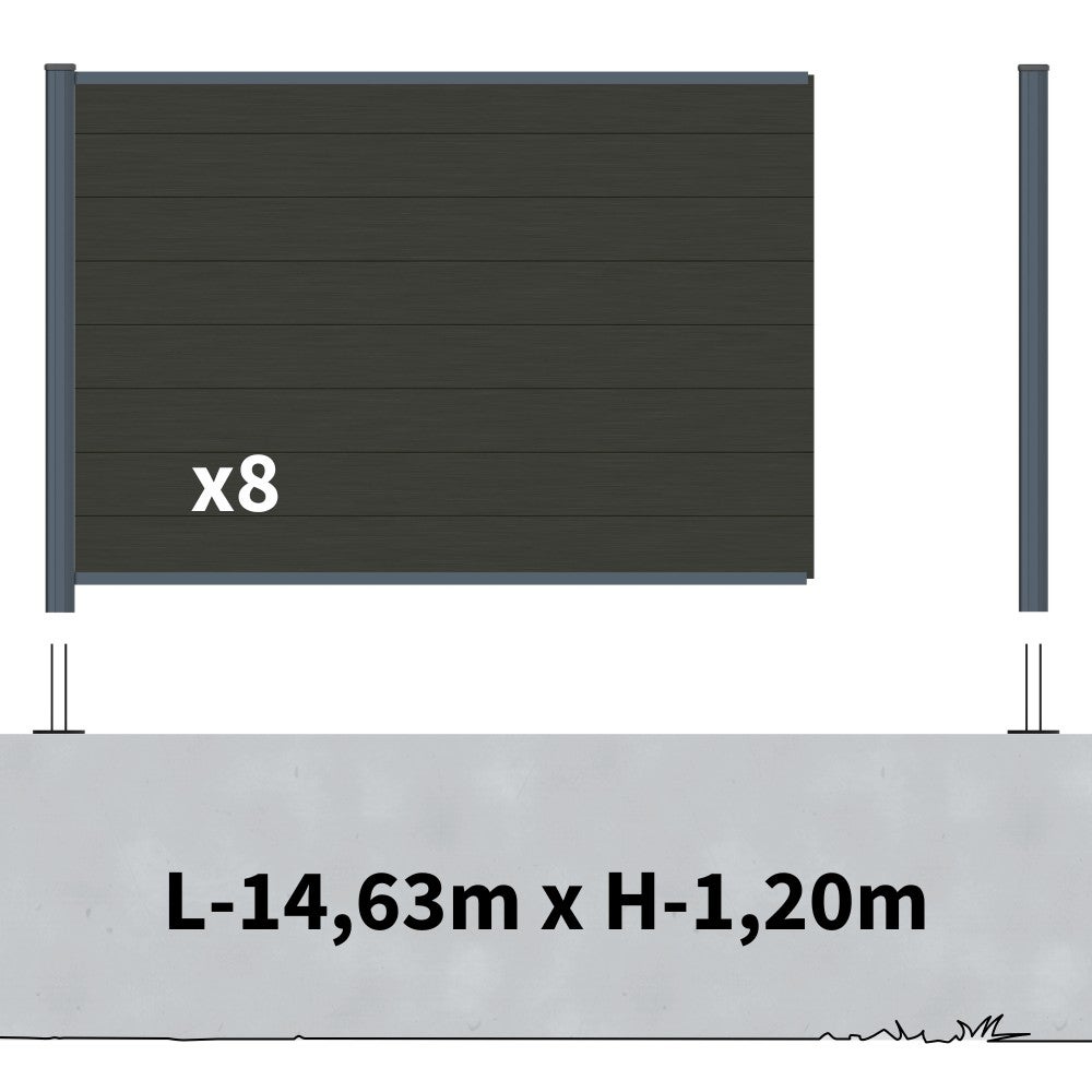 Kit Clôture Composite sur Muret RIO Anthracite 14,5x1,2m - Bois composite & Aluminium - Poteaux sur Platines Gris - Brise vue - 2