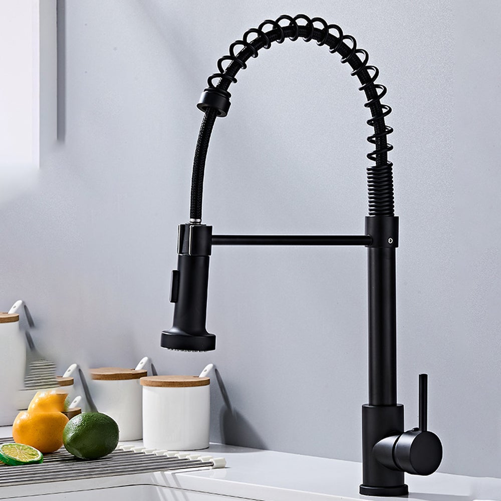Czarny kran kuchenny, bateria mieszaczowa z obrotową 360° wylewką o wysokim łuku, wyciąganą wylewką, 2 tryby pracy