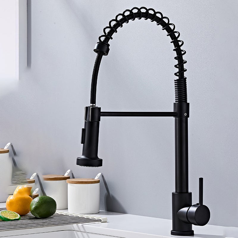Czarny kran kuchenny, bateria mieszaczowa z obrotową 360° wylewką o wysokim łuku, wyciąganą wylewką, 2 tryby pracy