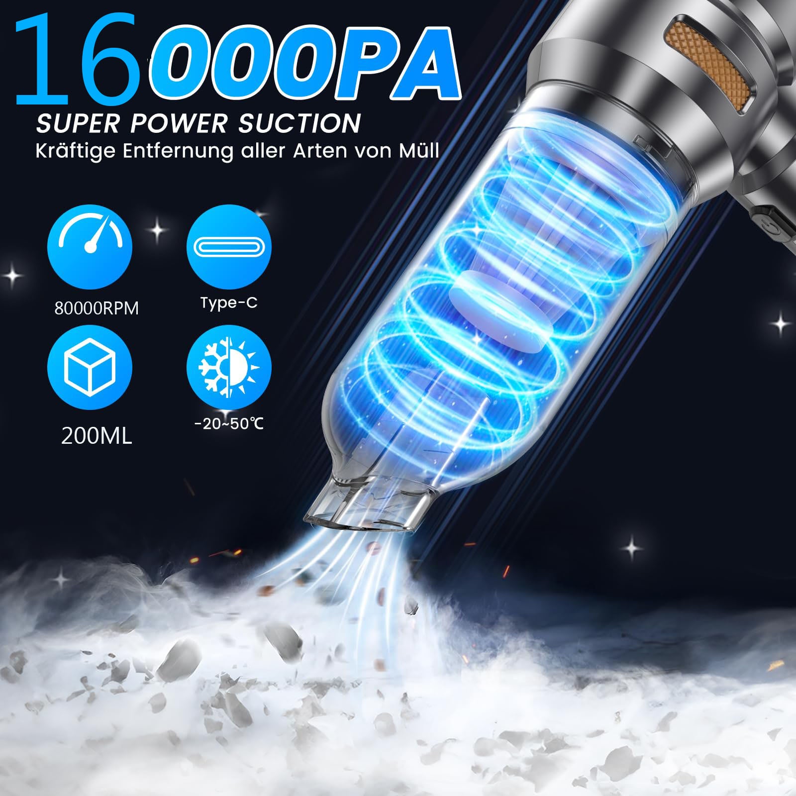 Aspirador de pó portátil, 16000Pa Mini aspirador de pó portátil sem fio de 100W,recarregável por USB,3 velocidades com vários bocais para carro e casa - 4