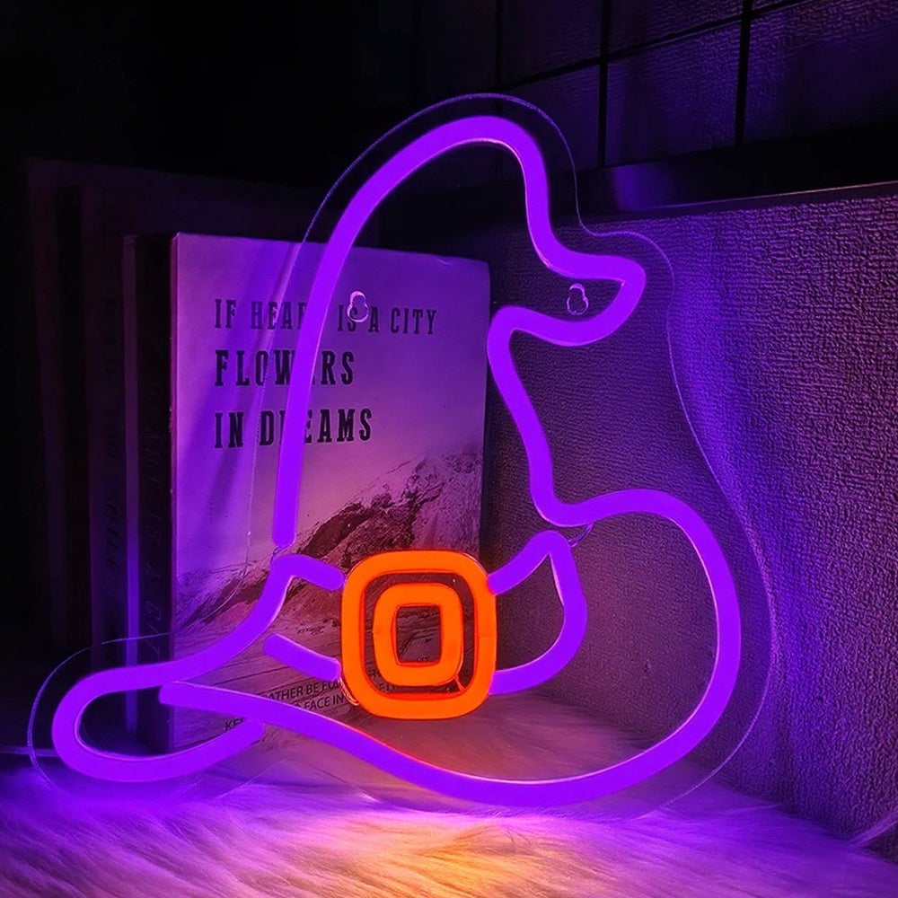 Neon w kształcie magicznego kapelusza, używany do dekoracji ścian sklepu, klubu, kinkiet artystyczny na tło Halloween 29x24CM
