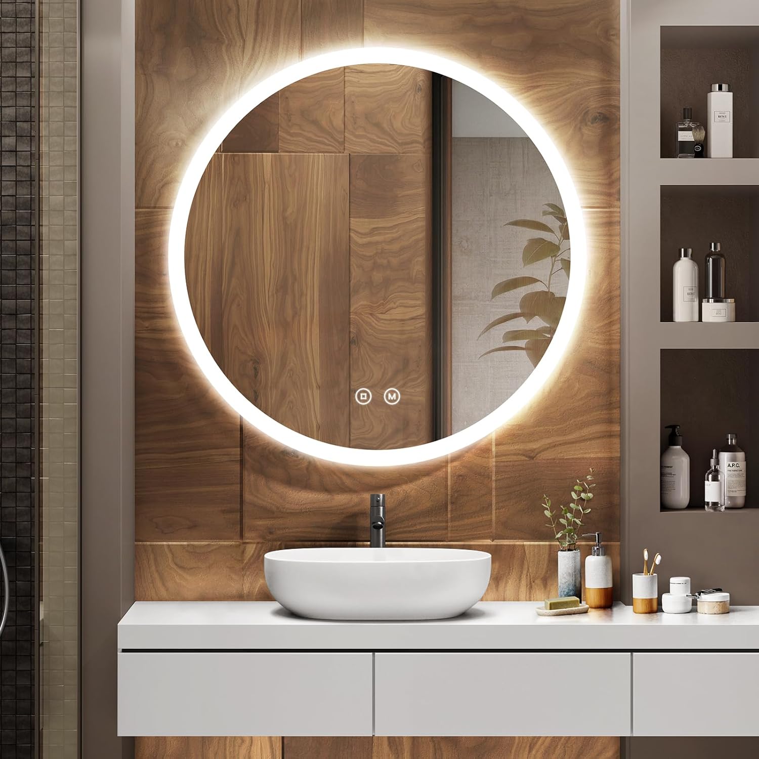 EMKE Okrągłe Lustro łazienkowe z oświetleniem LED 80 cm, z 3 barwy światła, możliwość ściemniania, przeciwmgielne, funkcja pamięci, IP44