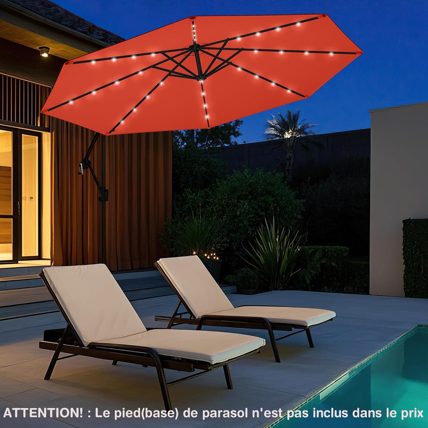 3M Parasol Déporté avec 32 LED Solaires, Parasol de Jardin 8 Baleines avec Tissu Protection Solaire, Parasol Inclinable Rotatif à 360°, Orange - 8
