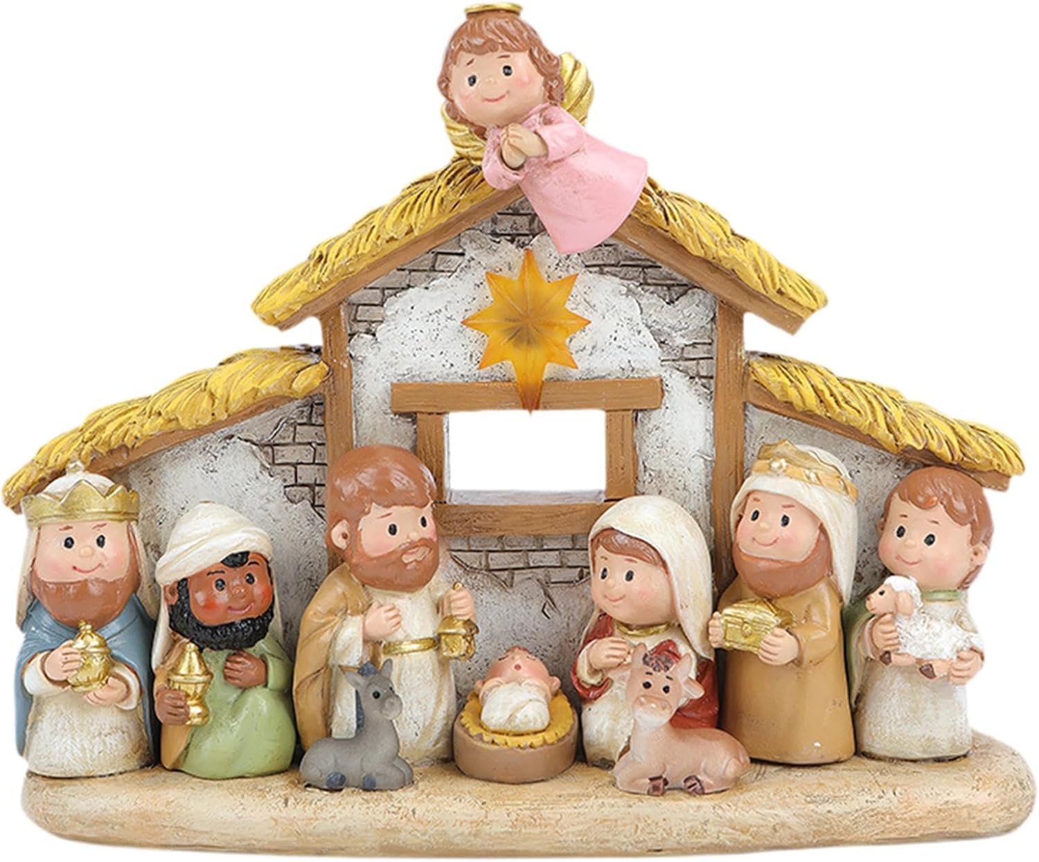 Miniaturowy zestaw szopek religijnych z żywicy - szopka bożonarodzeniowa - żywica poliestrowa - ozdoba z kreskówek ze światłem - dekoracja świąteczna