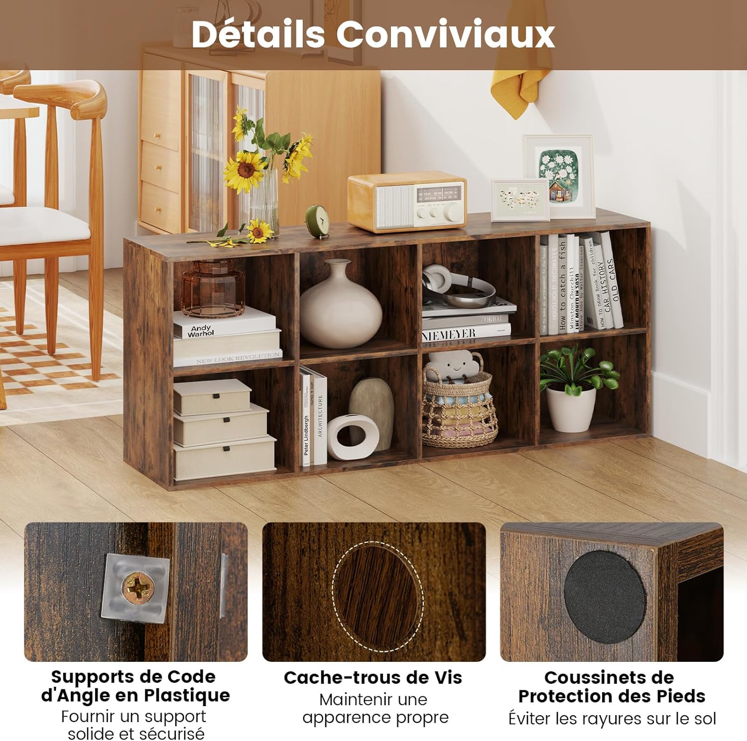 Bibliothèque d'Exposition à 2 Niveaux avec 8 Cubes, Étagère de Rangement Autoportante avec 2 Kits Antibasculement (Marron Rustique) - 8