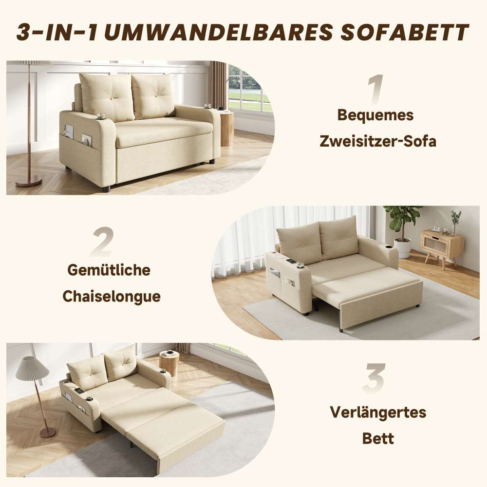 Canapé-lit 3-en-1, convertible, double avec porte-gobelet, poches latérales, coussins, USB, design moderne, beige - 7