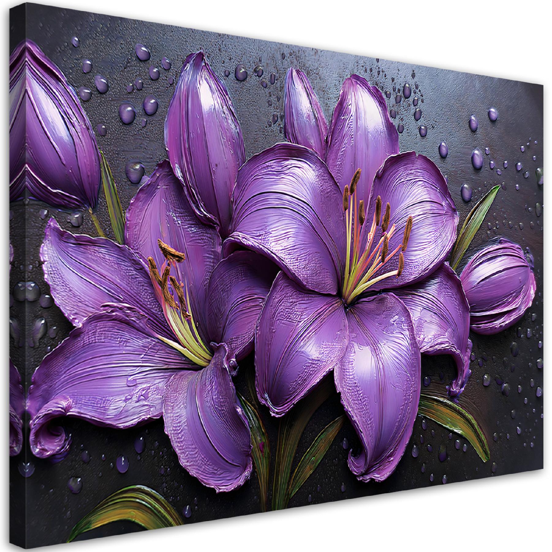 Obraz na płótnie, Fioletowe Lilie Kwiaty Krople Rosy 90x60