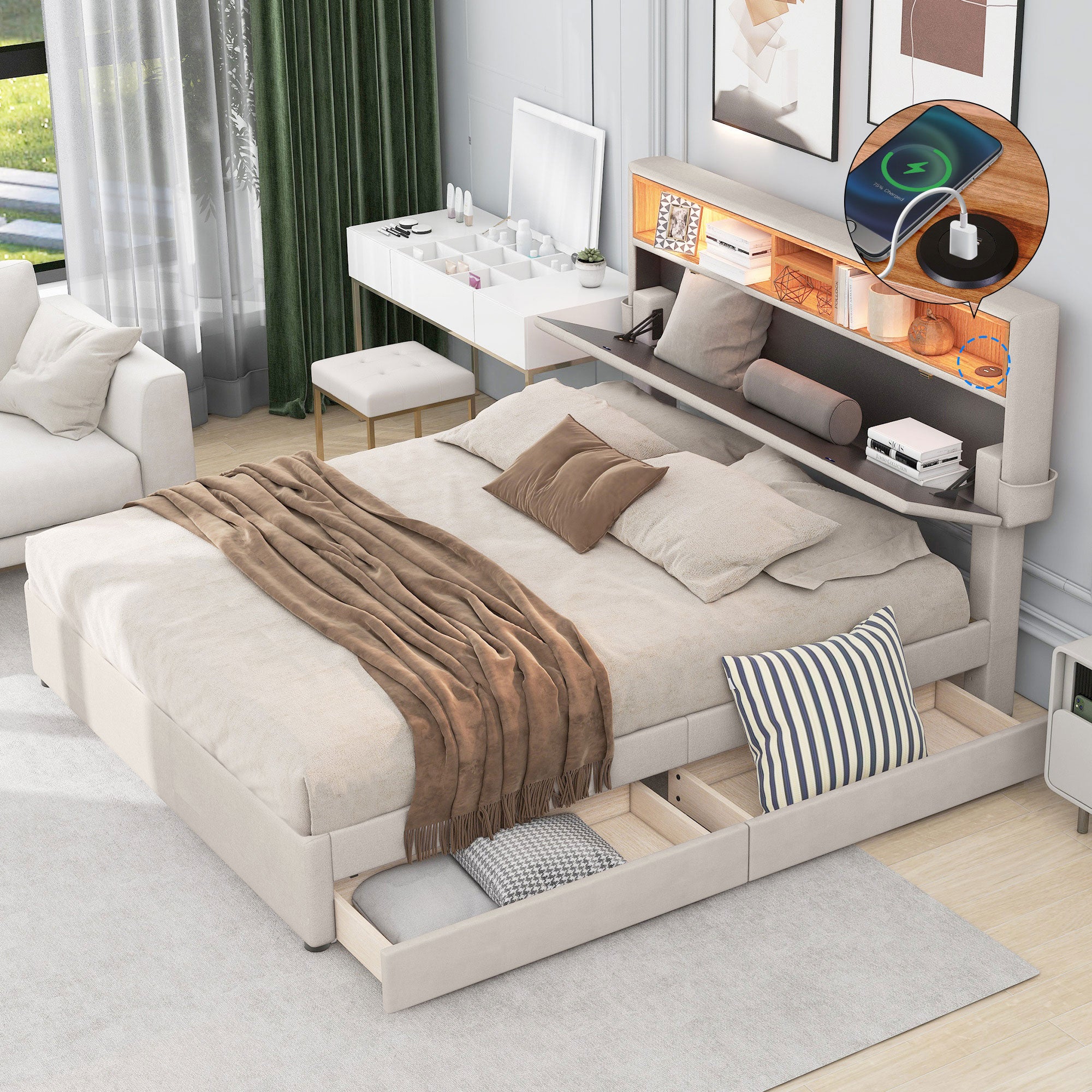 Azkoeesy Letto Imbottito Matrimoniale 140x200 Cm Con LED E Cassetti – Grigio, Testiera Regolabile Con Ripiani E Porte USB - 2