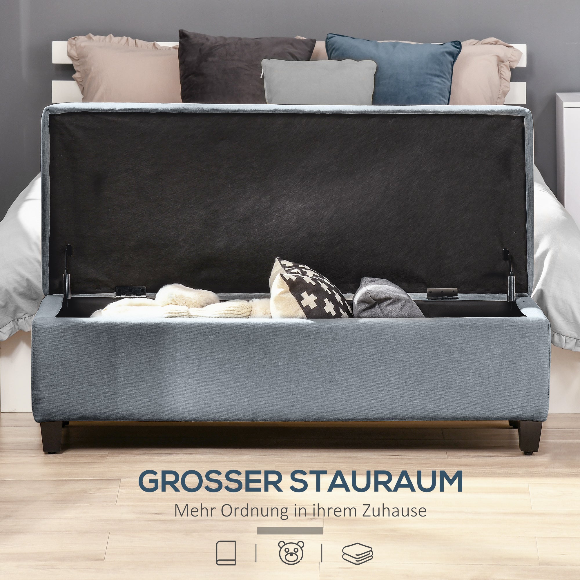 Banc avec rangement, banquette rembourrée aspect lin, pieds en bois, banc-lit moderne pour entrée, chambre et salon, 138 x 40 x 45 cm, gris foncé - 4