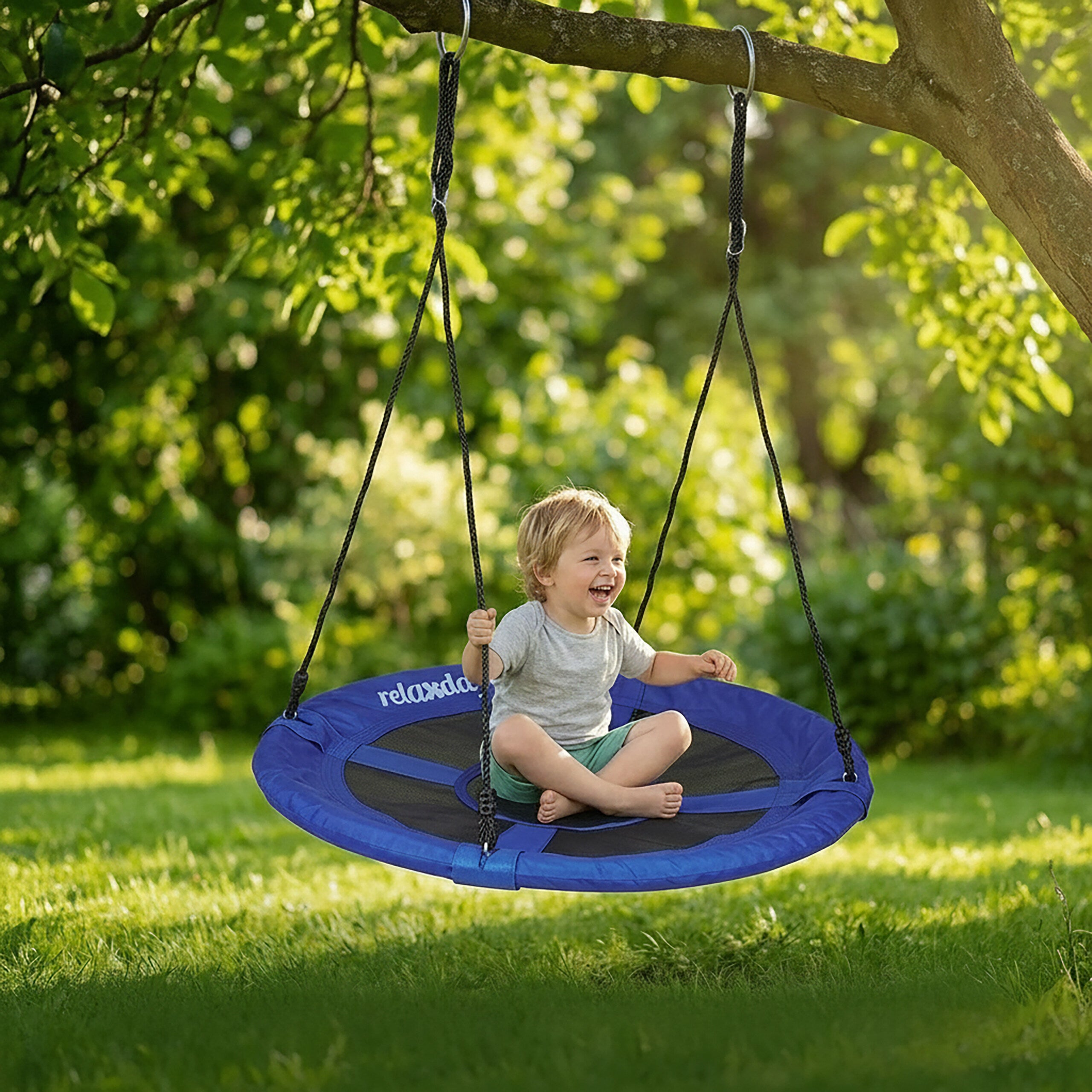 baloiço ninho redondo para o jardim, até 100 kg, assento fechado, HBT: 153 x 90 x 90 cm, azul escuro, Relaxdays - 2