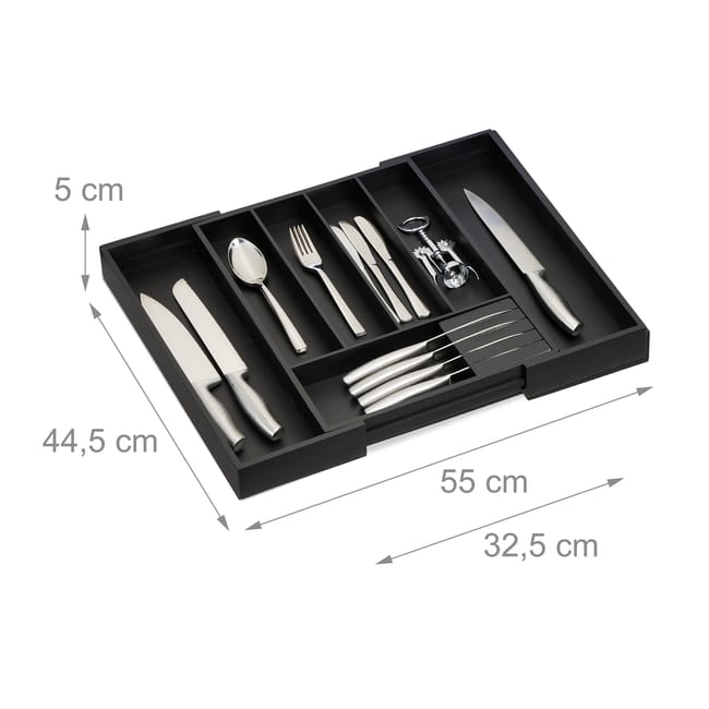 Relaxdays Portaposate Da Cassetto Allungabile, In Bambù E MDF Divisorio Con 5 7 Scomparti Organizer Da Cucina Nero 90688621
