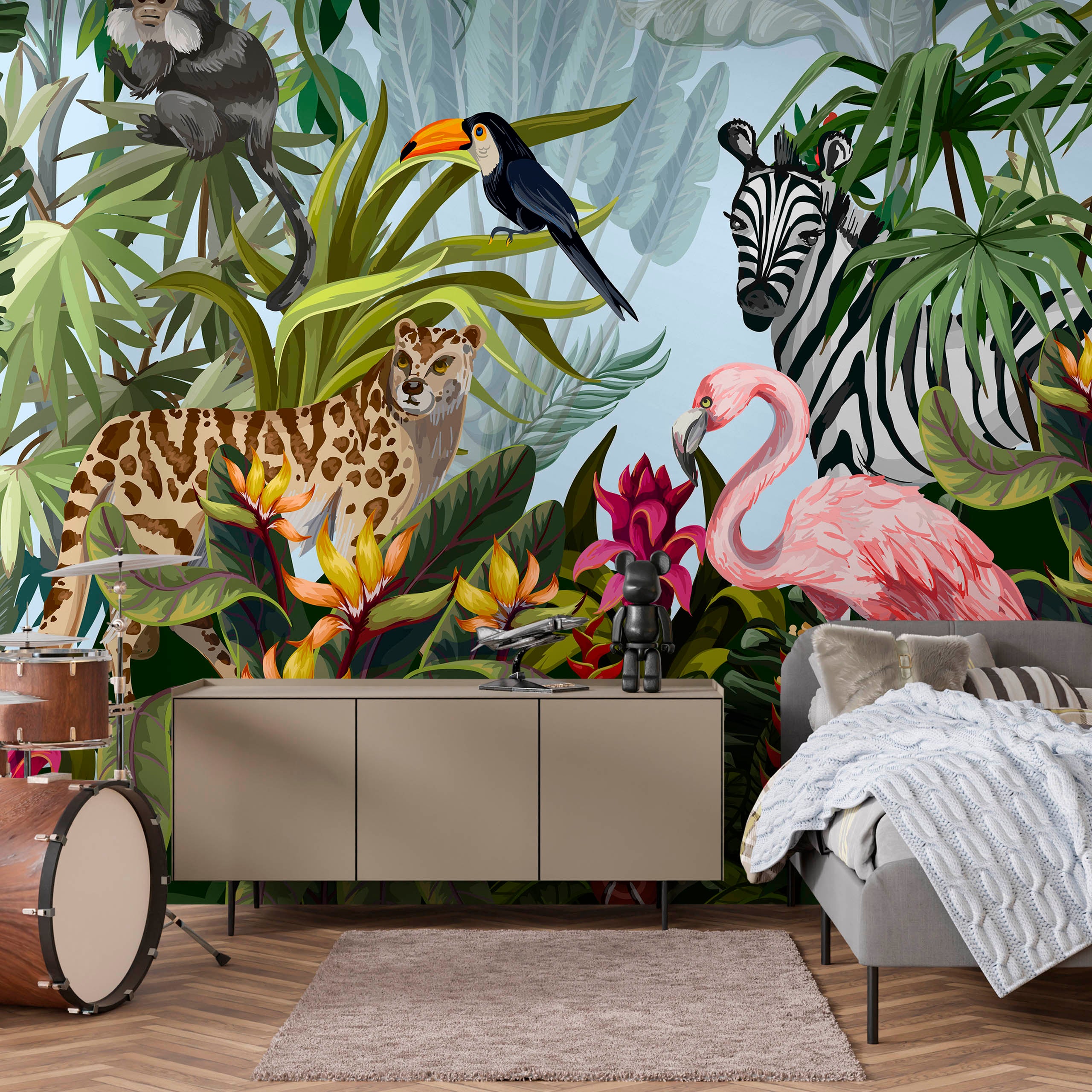 Papier Peint Panoramique Intissé ANIMAUX SAUVAGES Plantes Tropicales Fleurs Feuilles 180 cm x 120 cm - Colle Inclus - Pour Chambre Enfants - 5