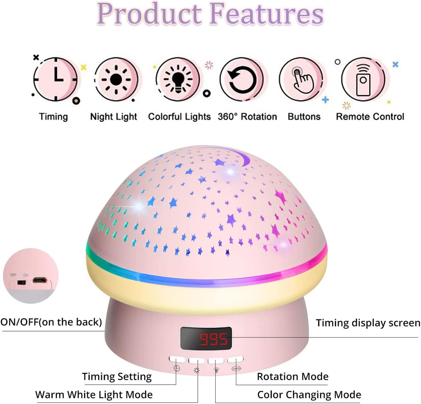 Lampe de chevet projecteur pour bébé (bleue), veilleuse ciel étoilé, télécommande rotative à 360°, minuterie, veilleuse multicolore pour chambre d'en - 3