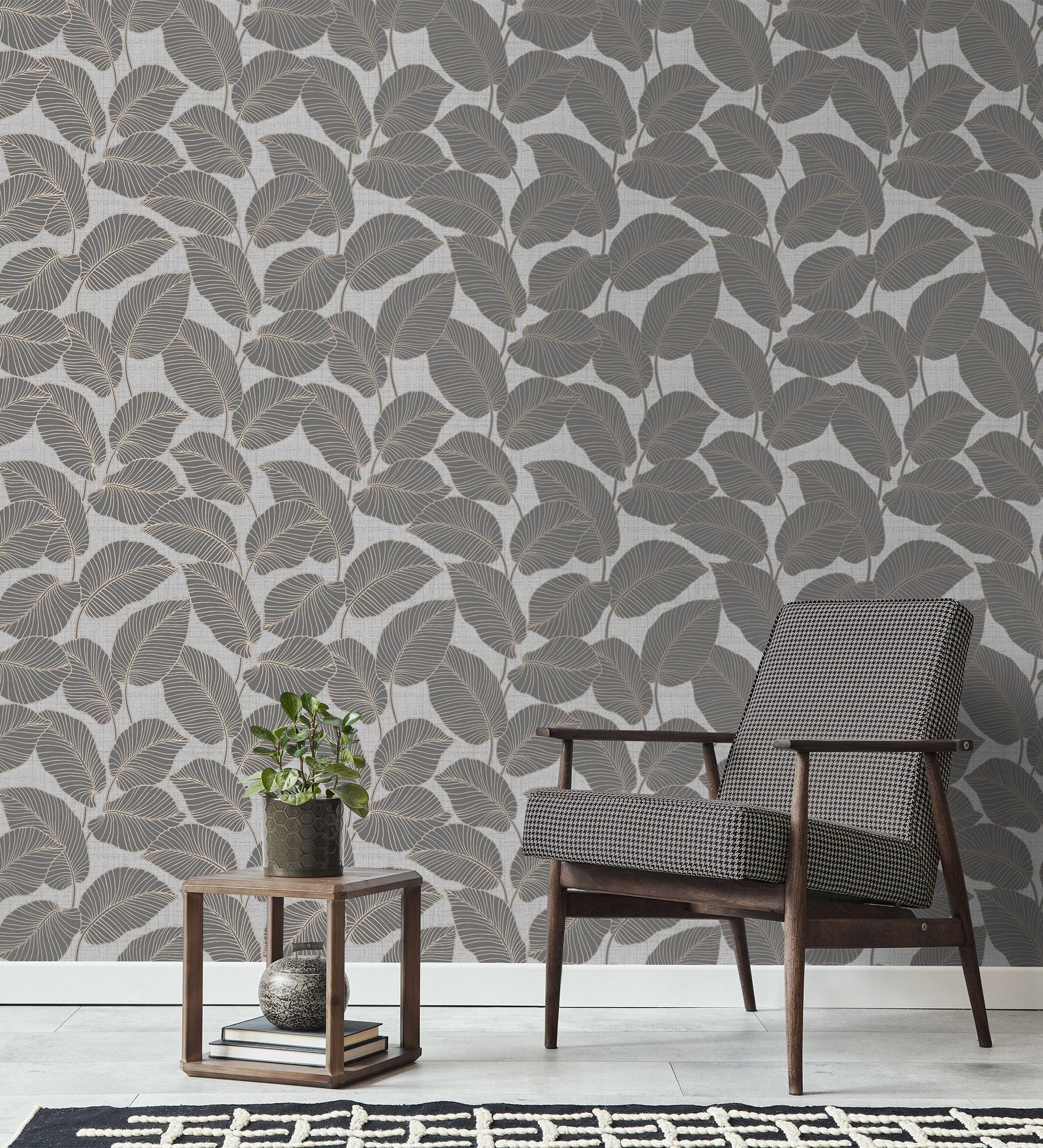 Papel pintado vinílico de hojas con silueta ligeramente metalizada en relieve - begonia 681270 de gaulan - rollo de 10 m x 0,53 m