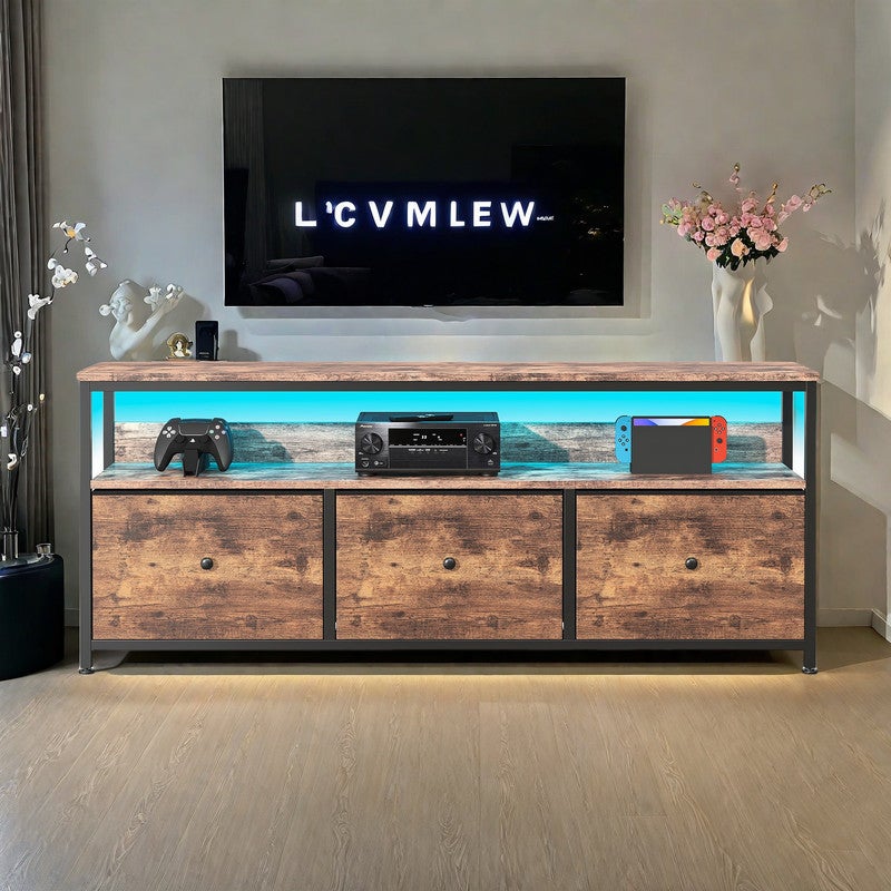 Meuble TV 108x30x57cm, avec bande lumineuse LED et 3 tiroirs en tissu rétro, pieds réglables en hauteur, structure en fer, meuble tele - 2