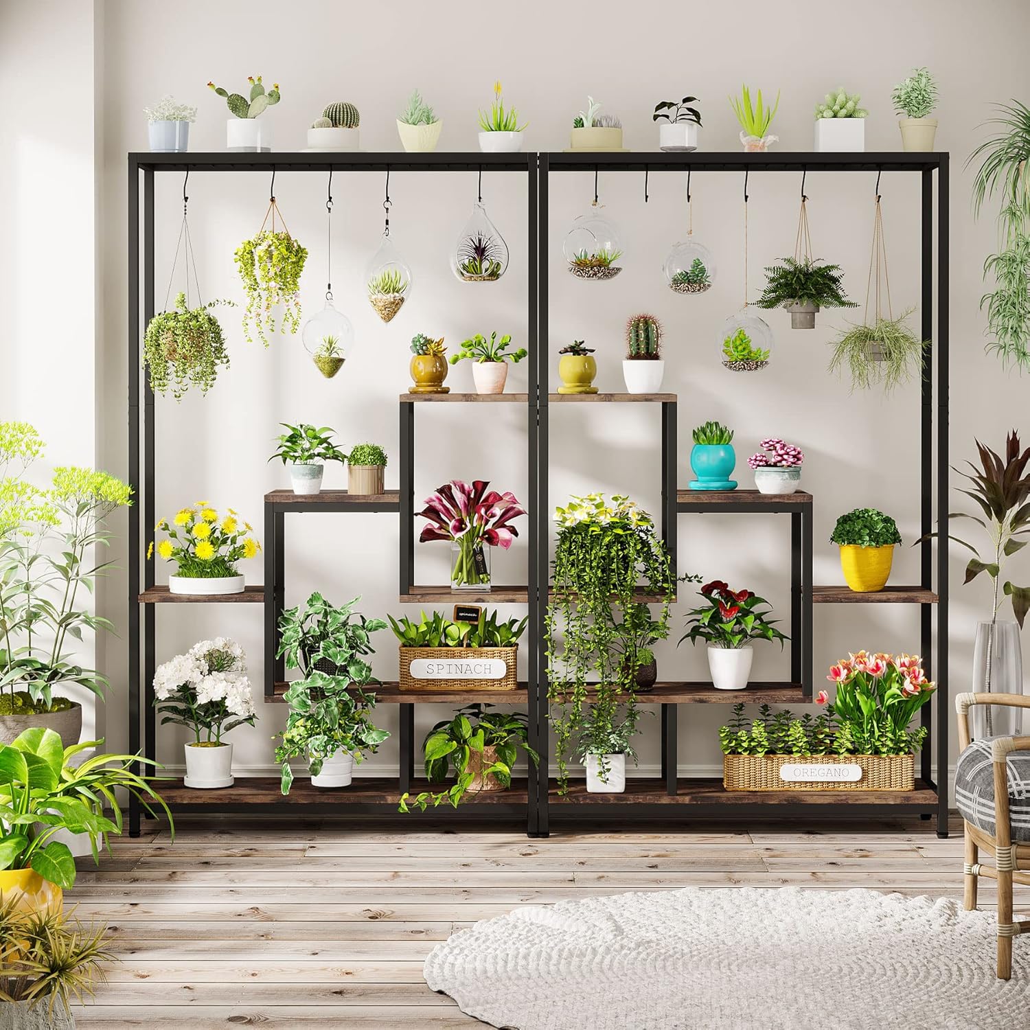 Tribesigns Support pour plantes d'intérieur à 5 niveaux - Grande étagère en métal de 180,1 cm avec 10 crochets de suspension en S - Multifonction - 2