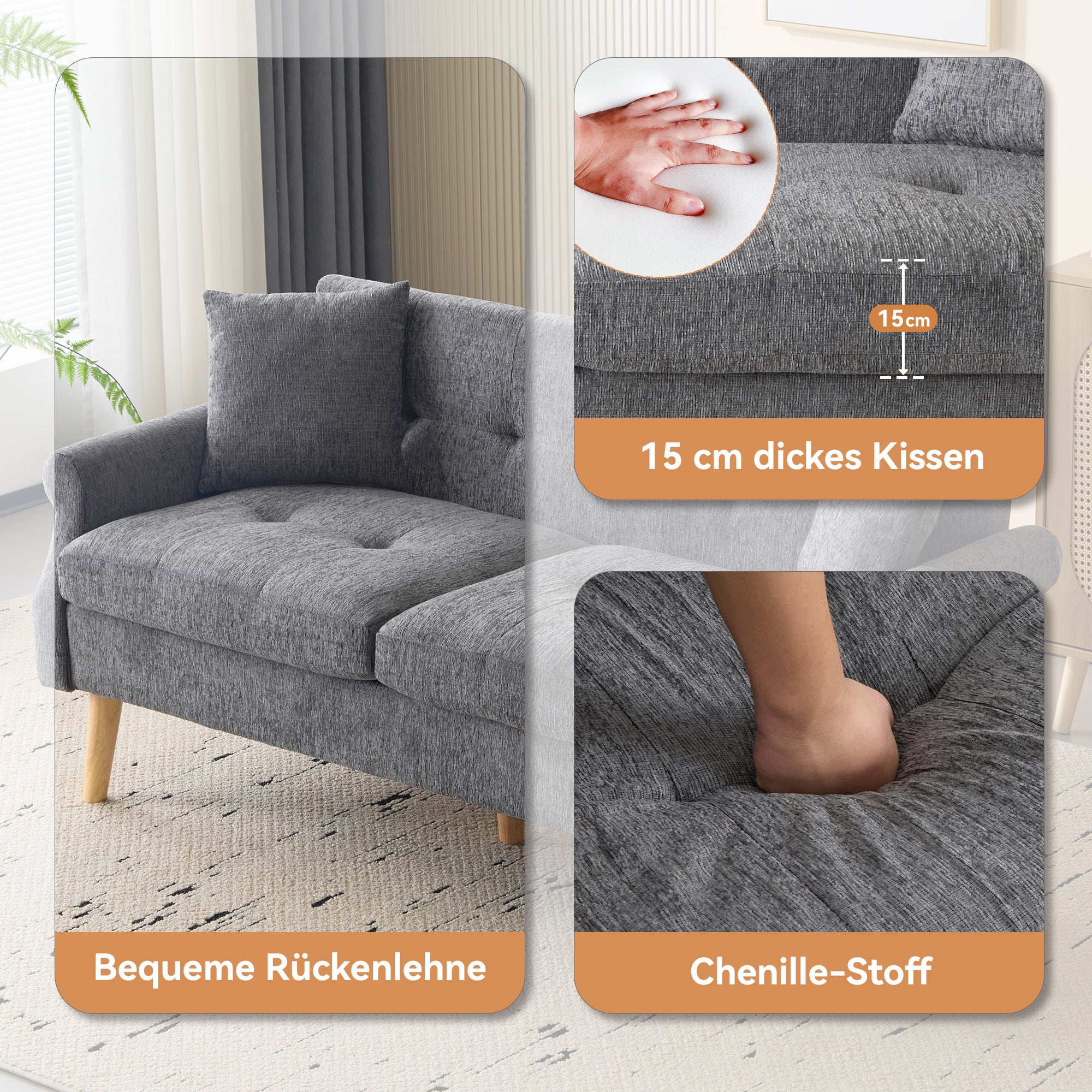 Canapé 2 places en tissu chenille avec coussins épais - 162 x 74 x 77 cm - pour salon, chambre - Gris clair - 7
