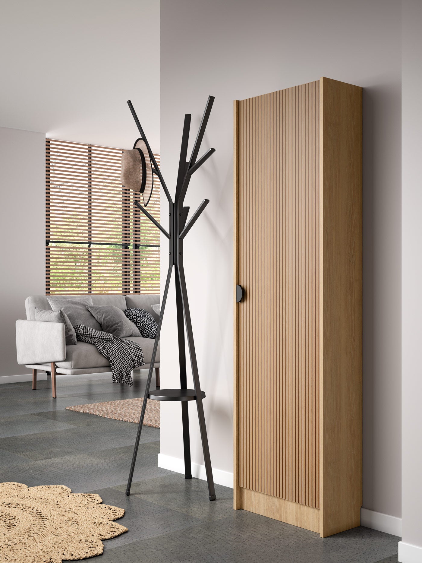 Sapateira alta em melamina, modelo NUX da Herdasa, 175x50x24 cm, carvalho dourado e portas com efeito ripado - 2