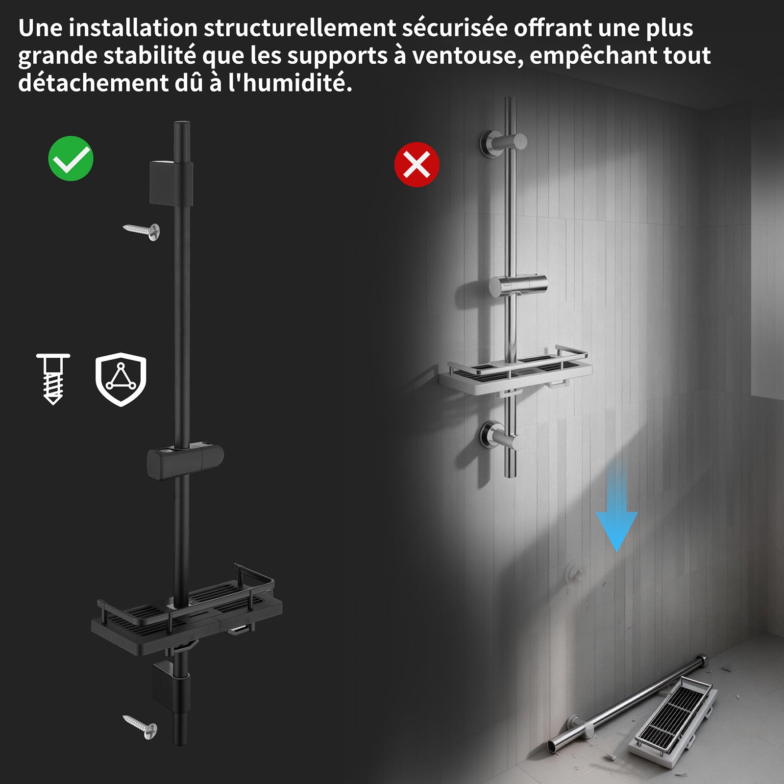 Barre de Douche Noir Réglable 900 mm avec Étagère Coulissante Intégrée, Support Ajustable Sans Perçage Supplémentaire, en Acier Inoxydable - 5
