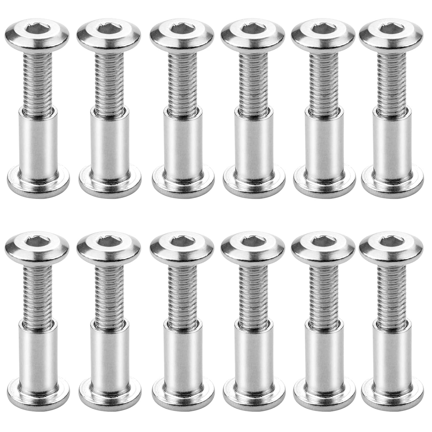 Zestaw 12 śrub M6 x 20 mm ze śrubą, mocowanie sześciokątne, płaski łeb i nakrętka tulejowa do szafek i półek