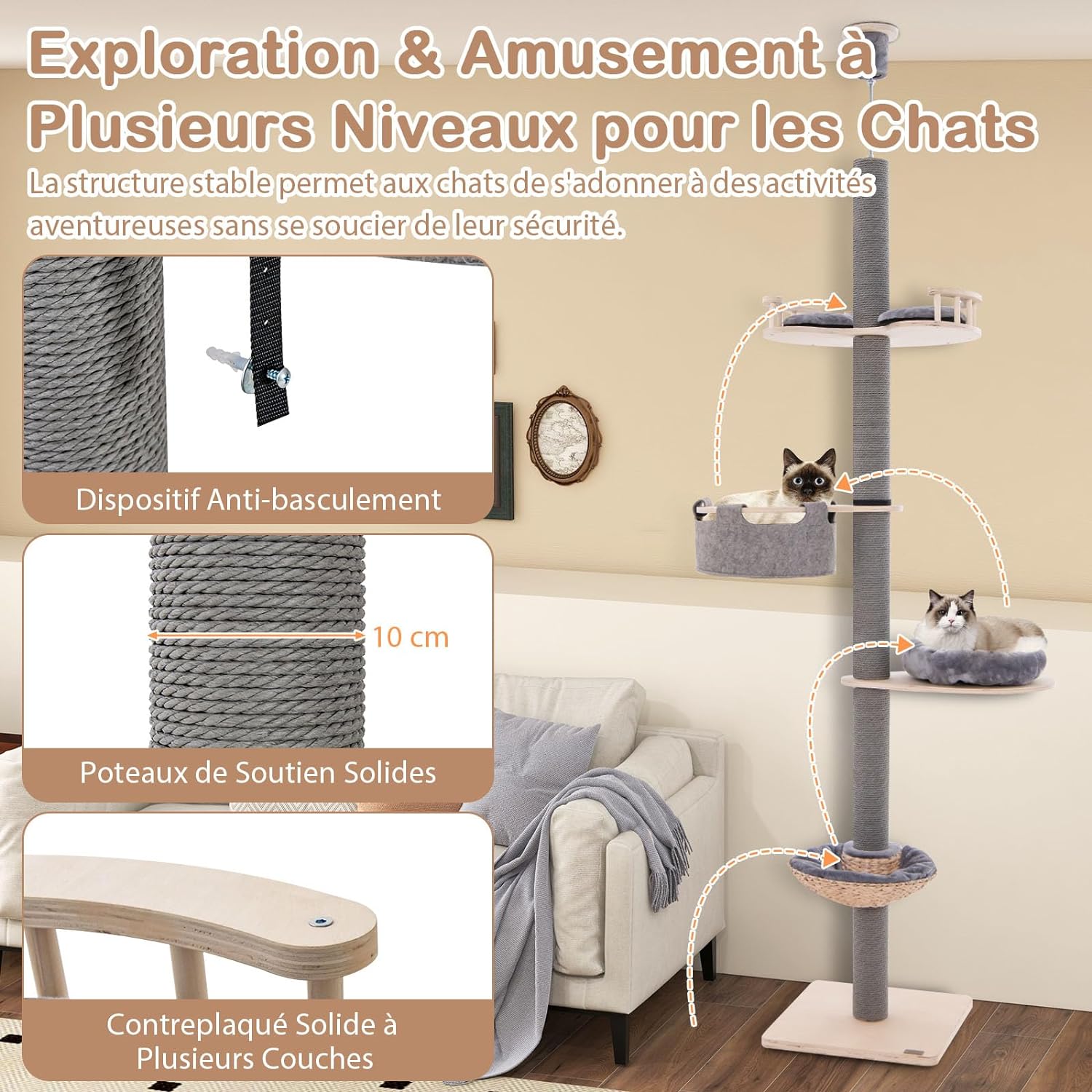 Árbol de Gato de Suelo al Techo, Altura Ajustable 236-271 cm, Grande Árbol de Gato de 5 Niveles con Poste Rascador Trampolín Cama Tipo Cesta Hamaca - 5