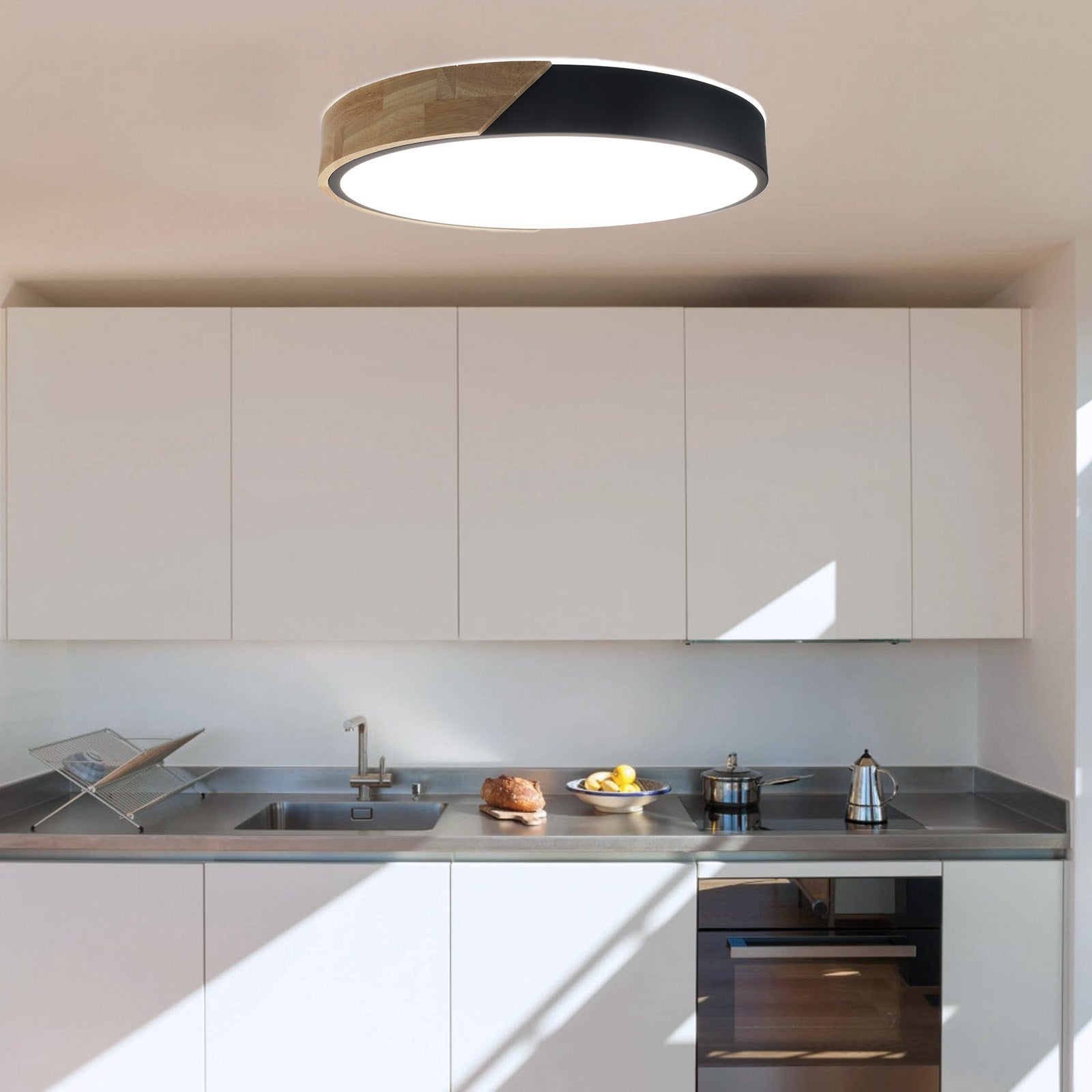Plafonnier LED Circulaire Ø40cm, 30W, 3000LM, Métal Noir et Bois, Lumière Sélectionnable (3000K-4000K-6000K) - 9