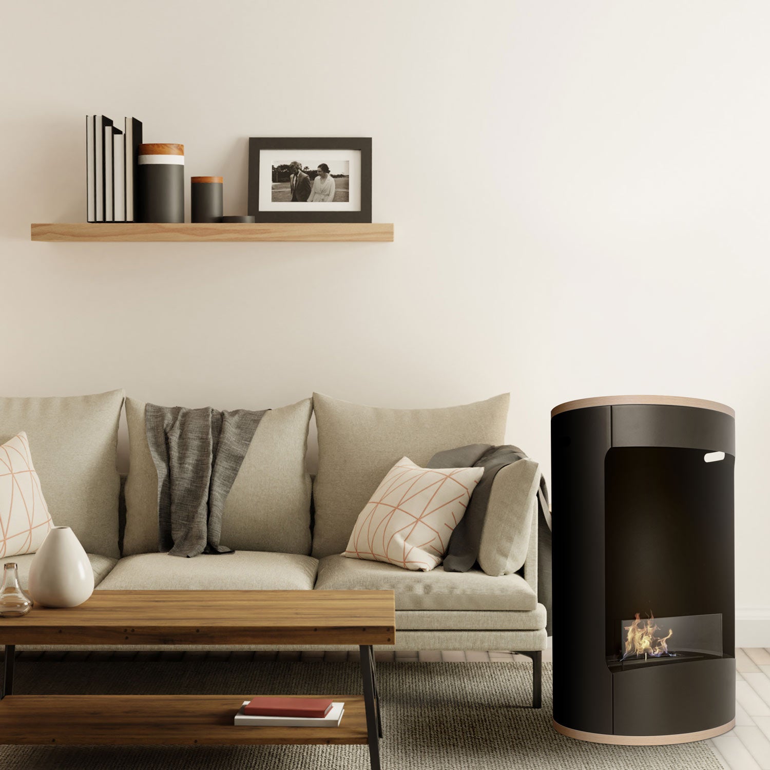 Ottaviano - Chimenea de bioetanol de suelo con doble estante de melamina, ø 40xH67,5 cm color negro - 7