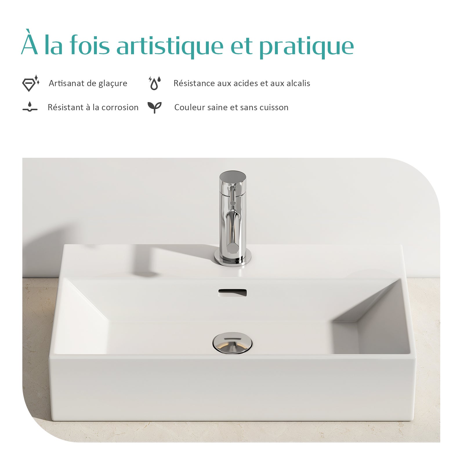EMKE Vasque à Poser en Céramique rectangulaire 51,5 x 36 x 13 cm à trou pour robinet - Blanc brillant - 2